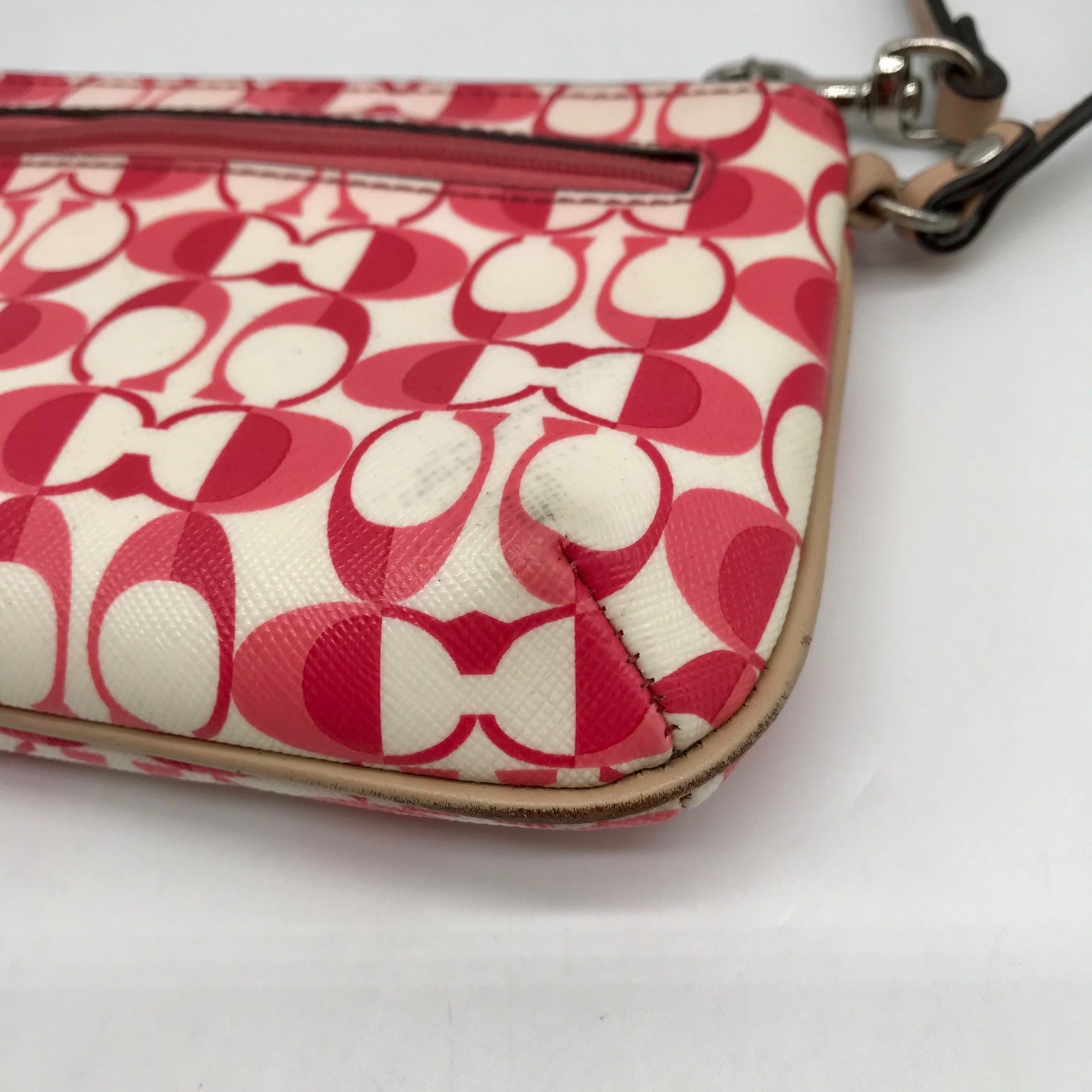 Coach Pink And White Coated Canvas Peyton Dream Monogram Wristlet