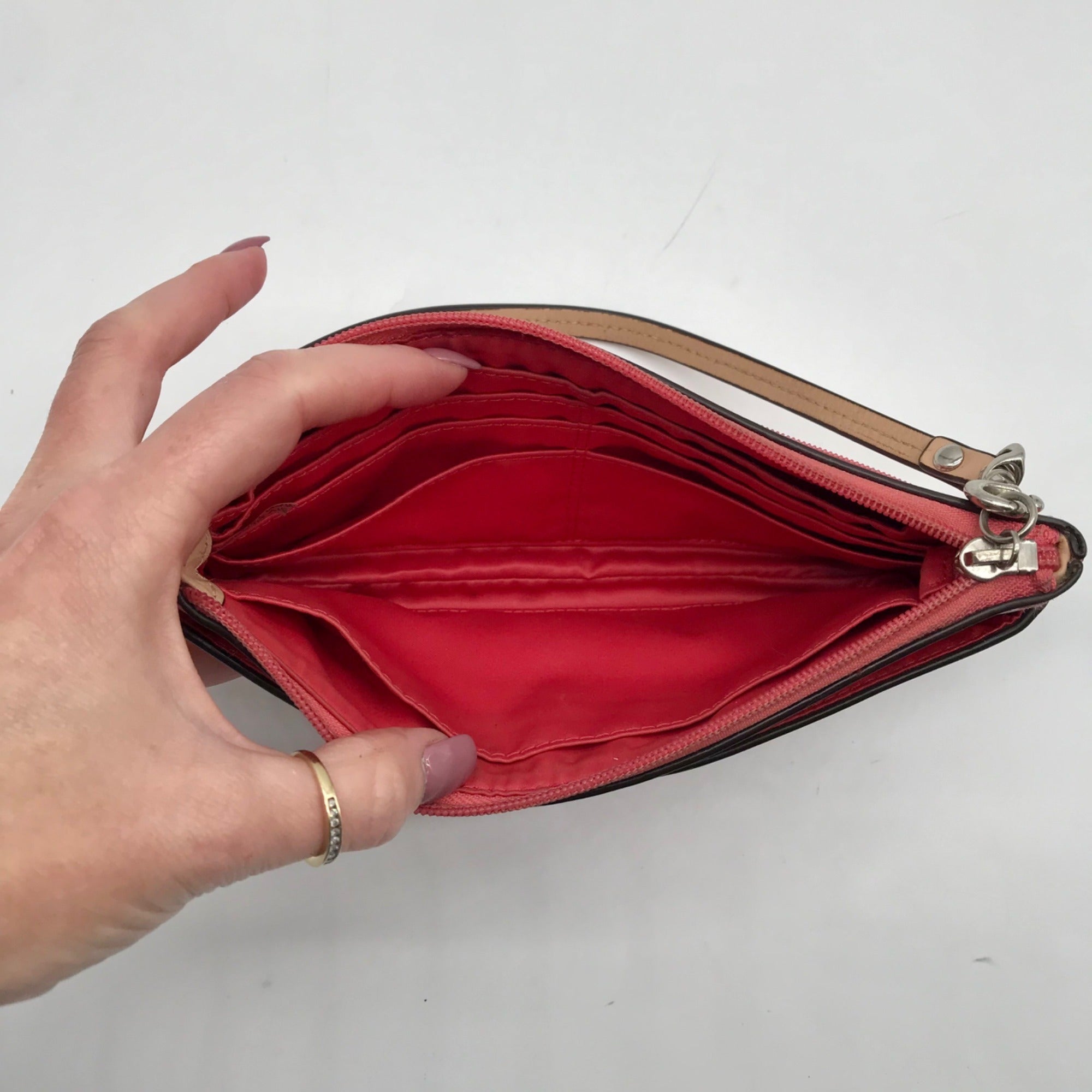 Coach Pink And White Coated Canvas Peyton Dream Monogram Wristlet