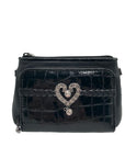 Brighton Black Leather Rhinestone Heart Charm Mini Crossbody