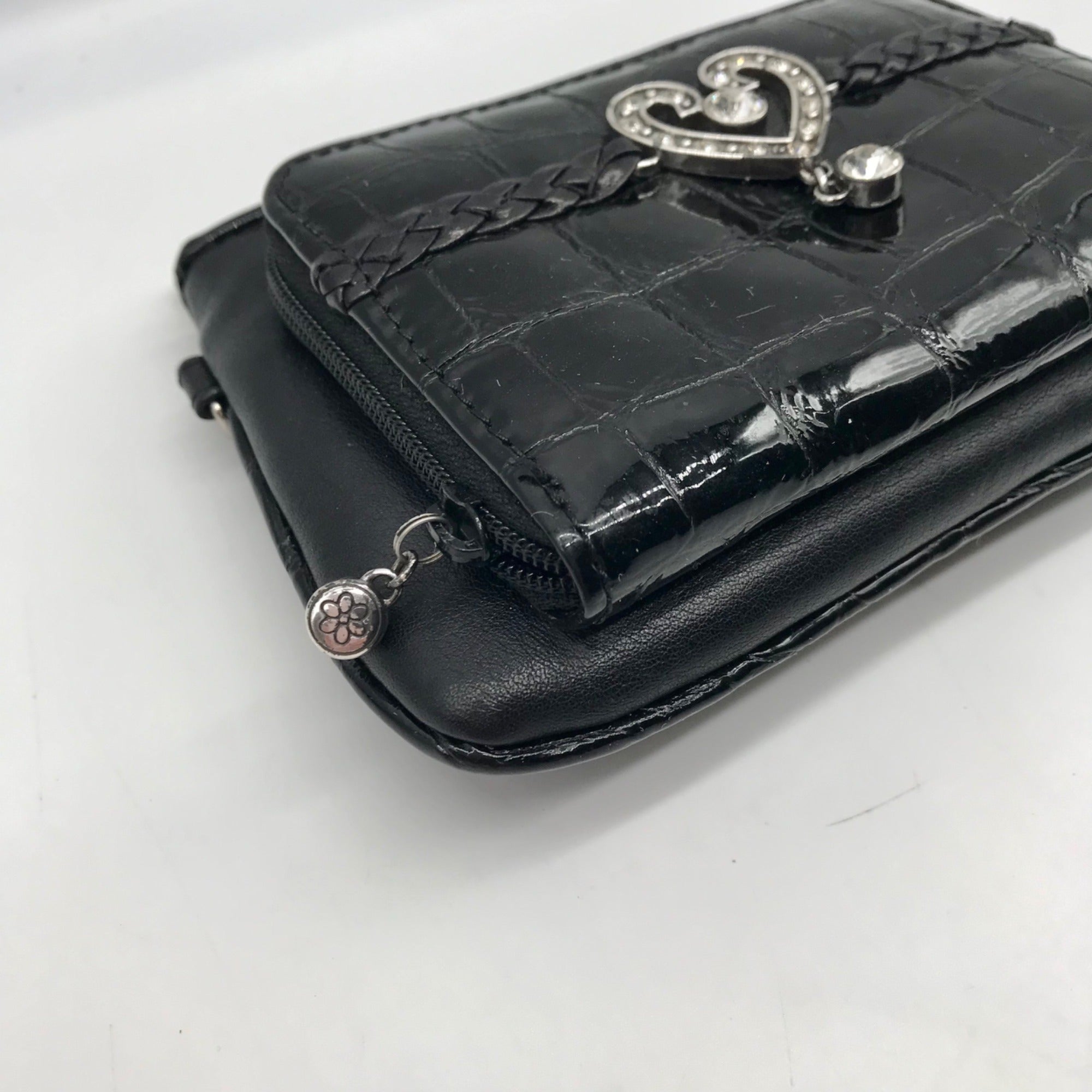 Brighton Black Leather Rhinestone Heart Charm Mini Crossbody
