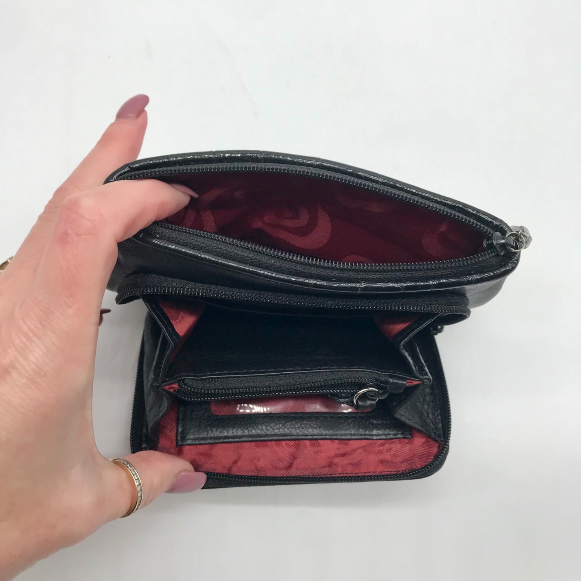 Brighton Black Leather Rhinestone Heart Charm Mini Crossbody