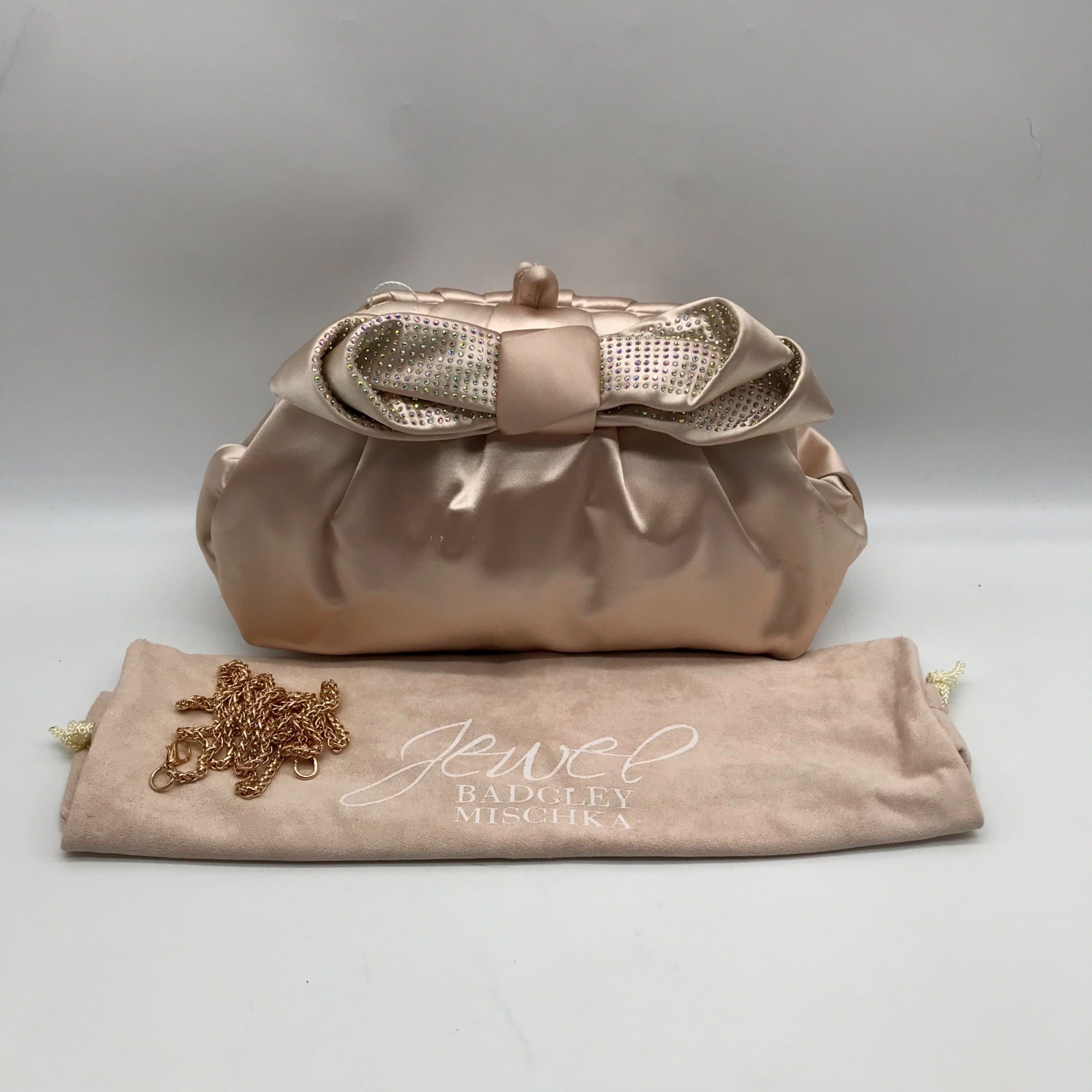 Badgley Mischka Champagne Posey Satin Bow Convertible Clutch Bag