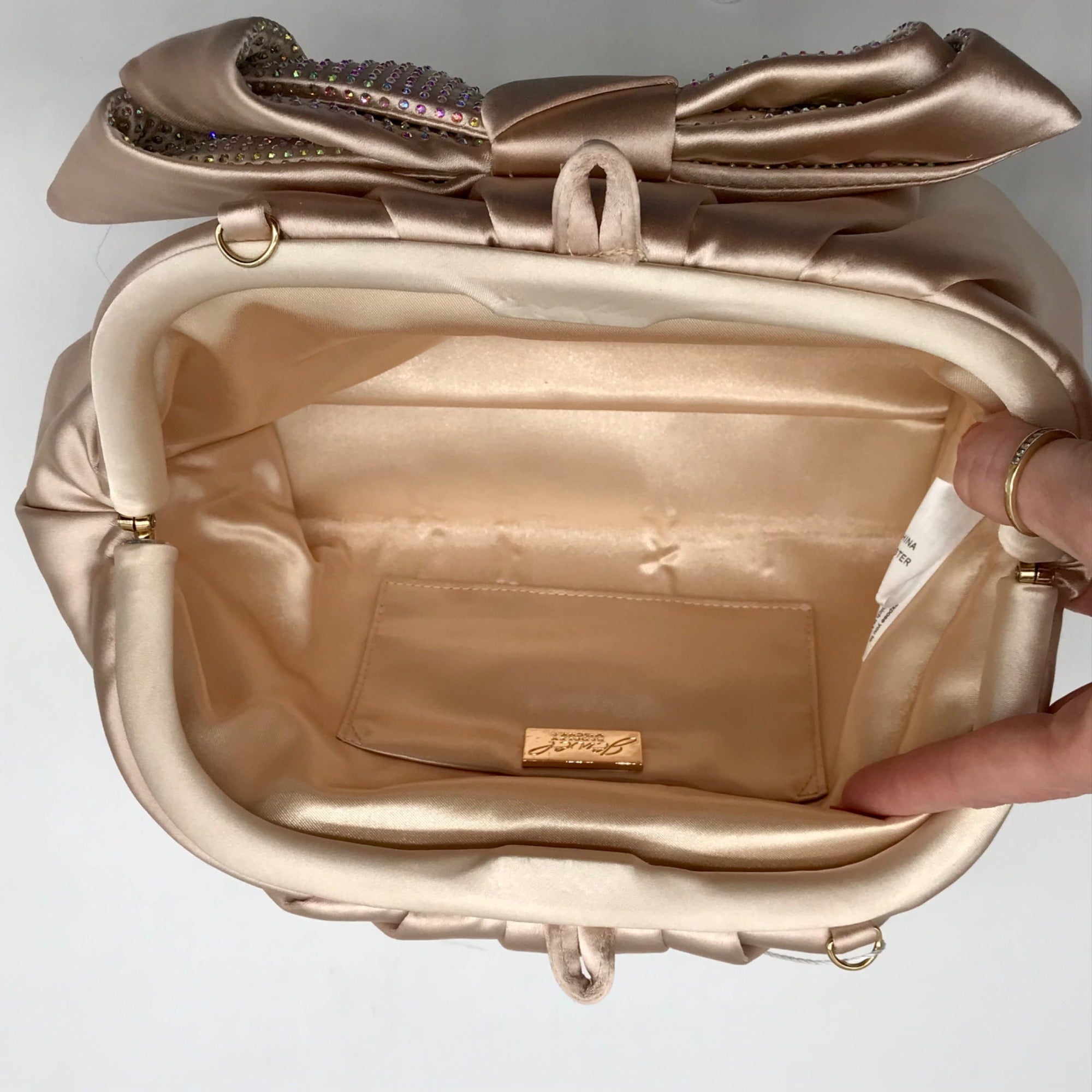 Badgley Mischka Champagne Posey Satin Bow Convertible Clutch Bag