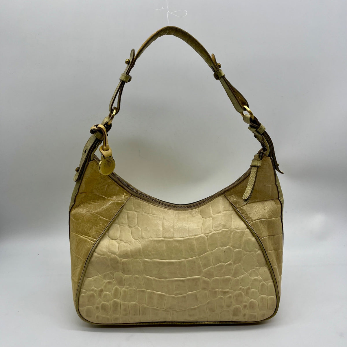 Brahmin Beige Crock-Embossed Leather Shoulder Bag