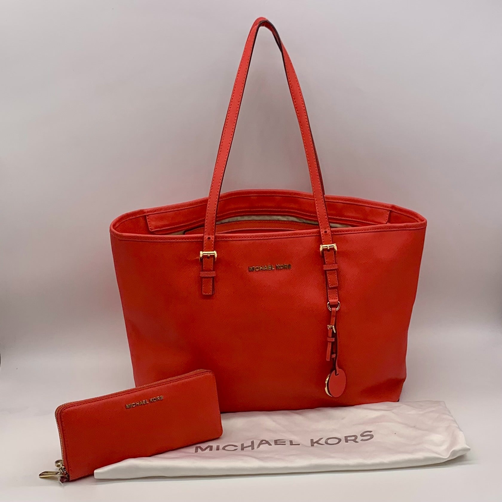 Michael Kors Coral Saffiano Leather Work Tote And Wallet