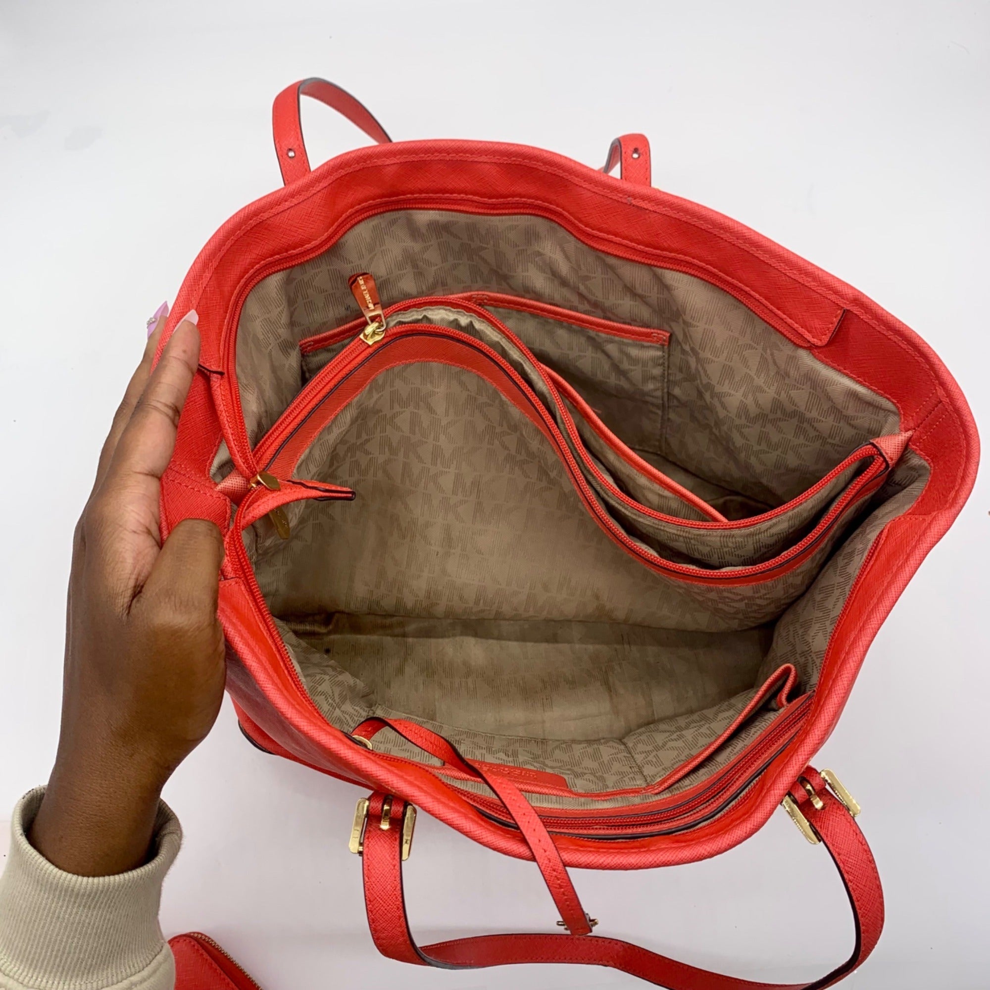 Michael Kors Coral Saffiano Leather Work Tote And Wallet