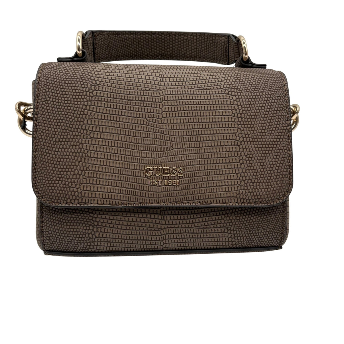 Guess Brown Faux Leather Lyndi Mini Top Handle Flap Crossbody Bag