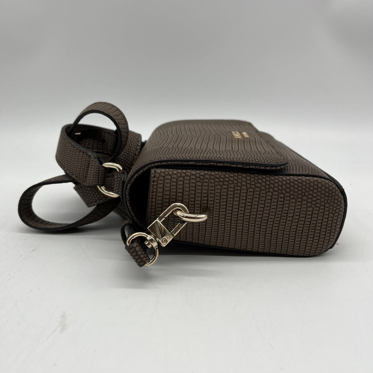 Guess Brown Faux Leather Lyndi Mini Top Handle Flap Crossbody Bag