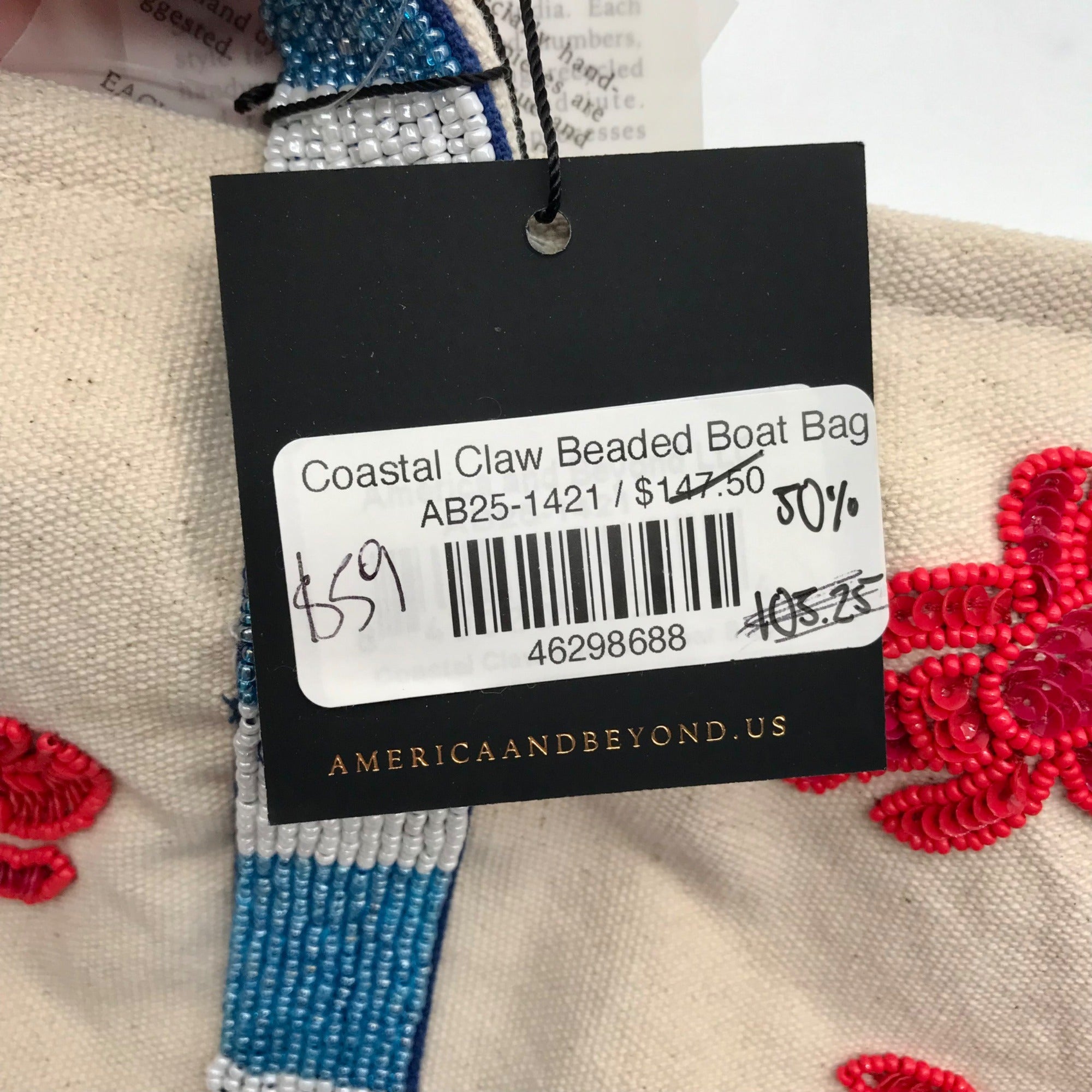 America &amp; Beyond Cream and Blue Beaded Lobster Tote Bag