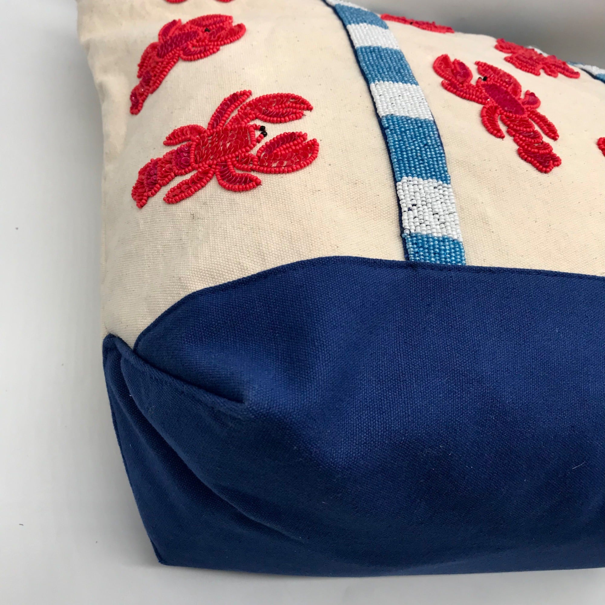 America &amp; Beyond Cream and Blue Beaded Lobster Tote Bag