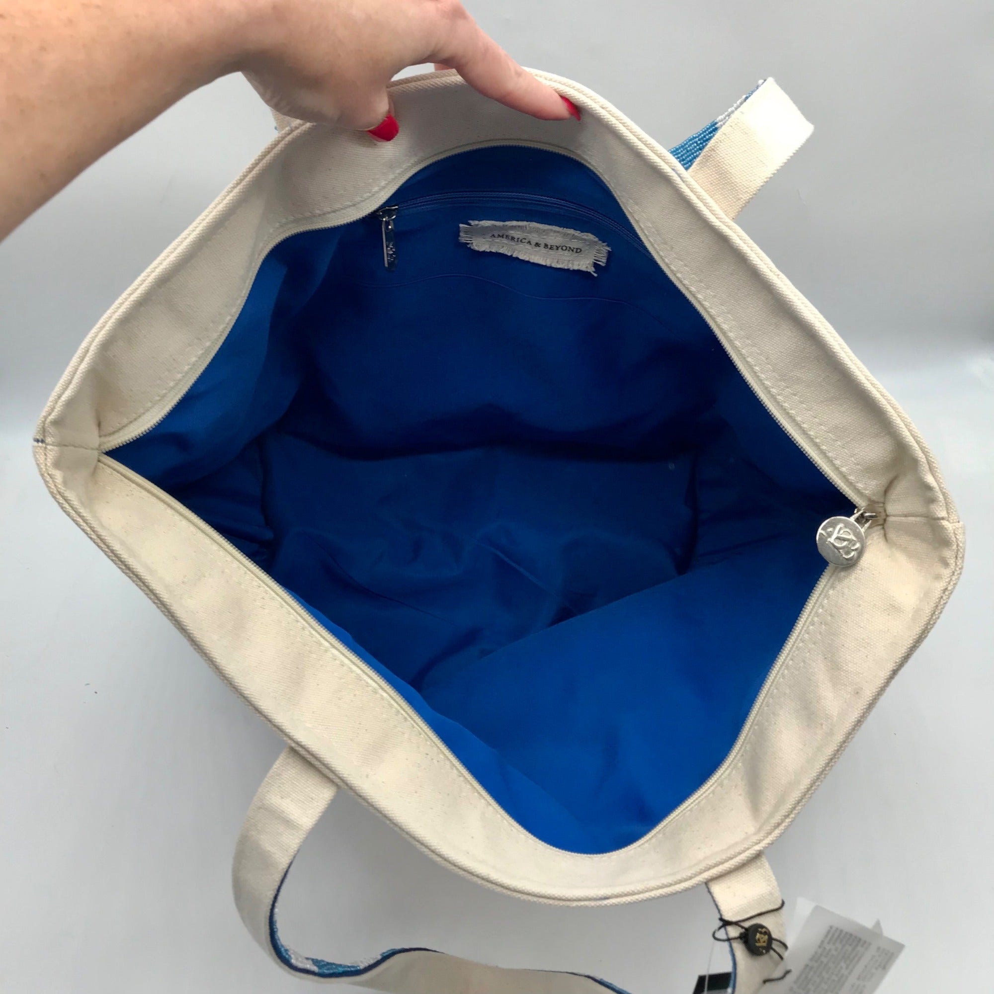 America &amp; Beyond Cream and Blue Beaded Lobster Tote Bag