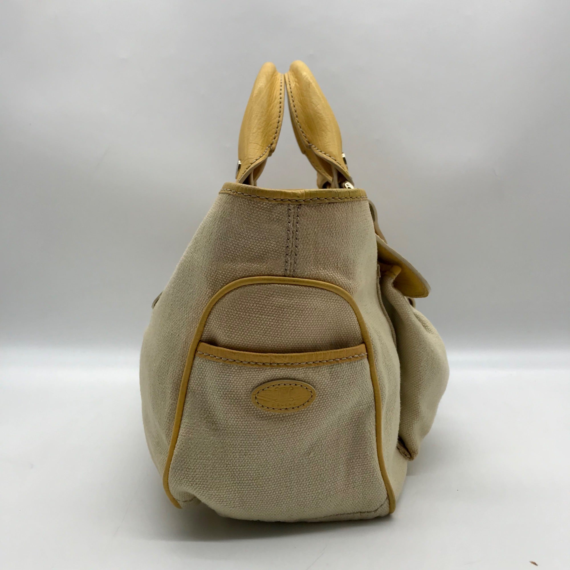 Celine Beige And Yellow Canvas Boogie Satchel Bag