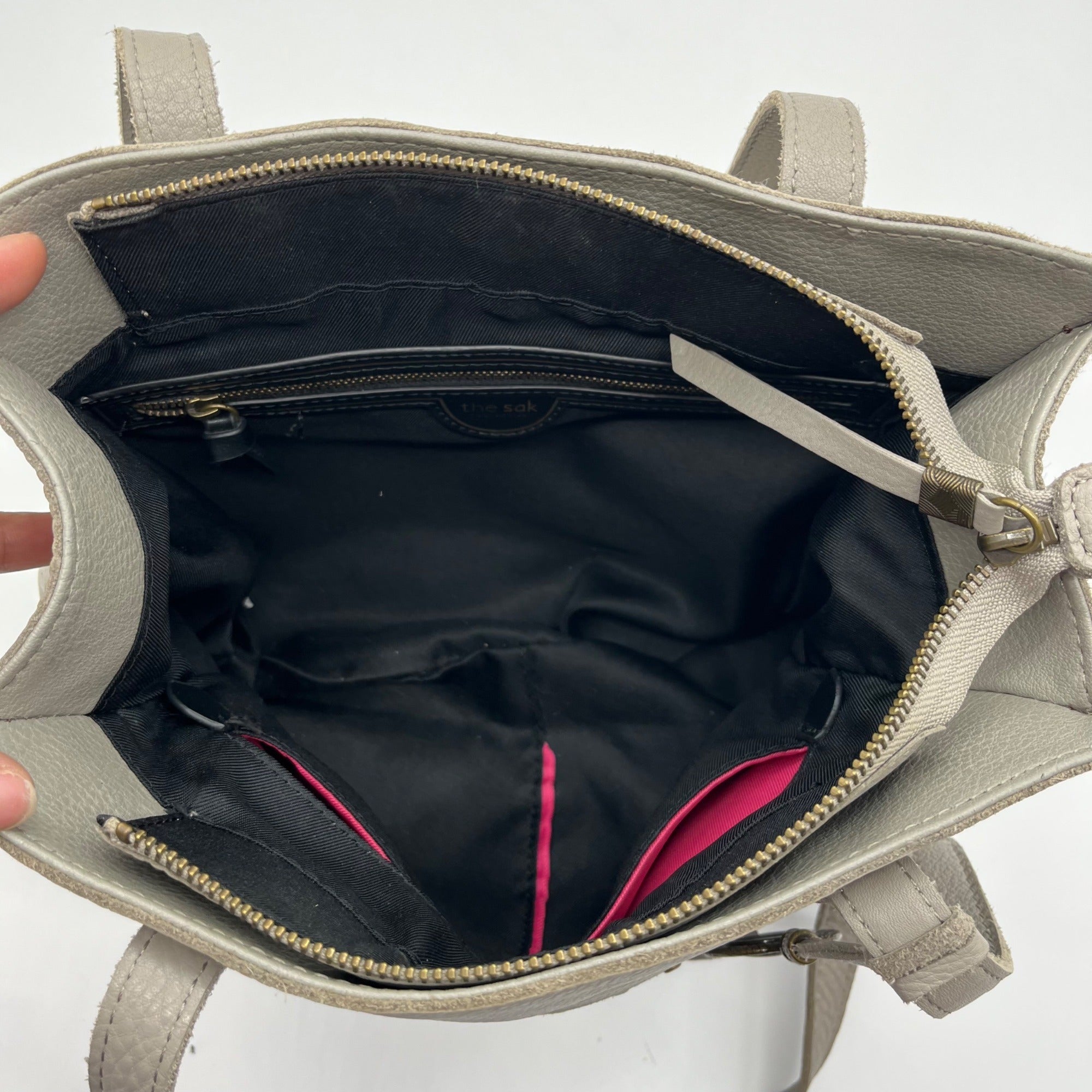 The Sak Gray Leather Tote Bag With Decorative Turquoise Stone Charm