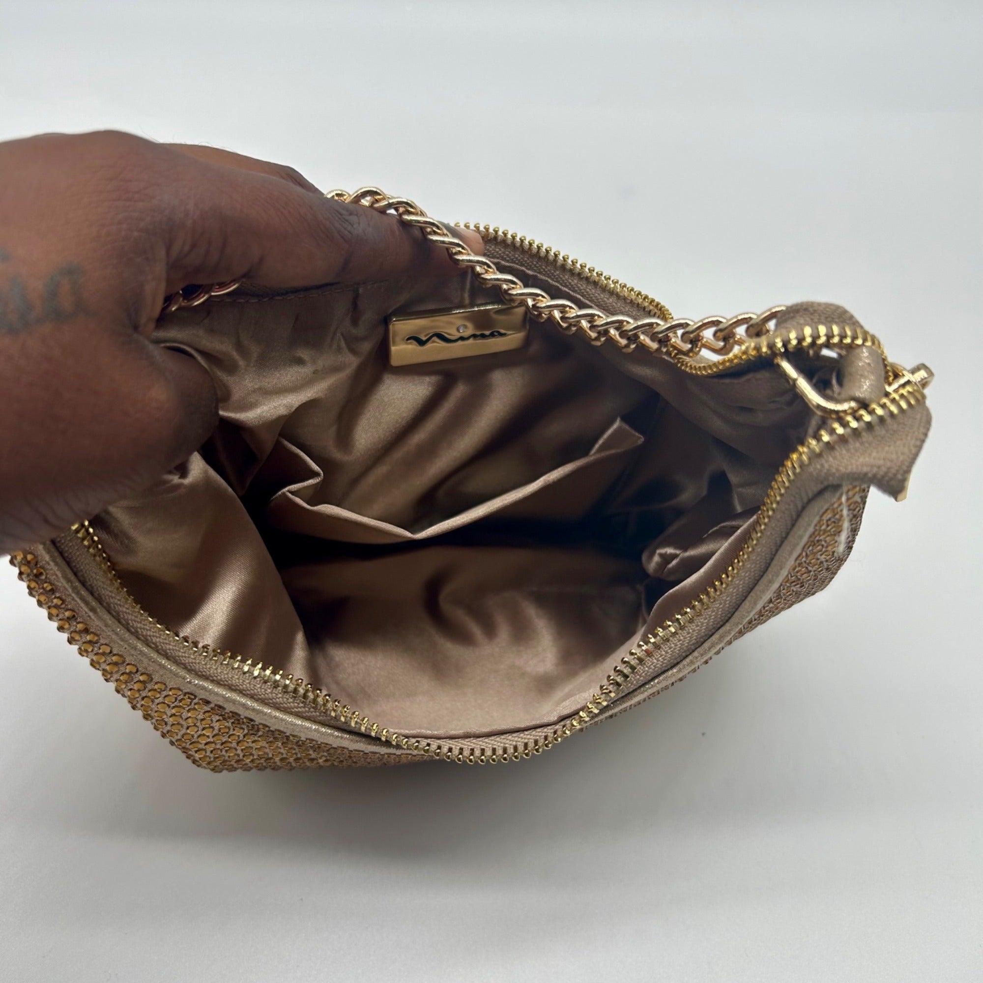 Nina Gold Crystal Crescent Moon Crossbody Bag