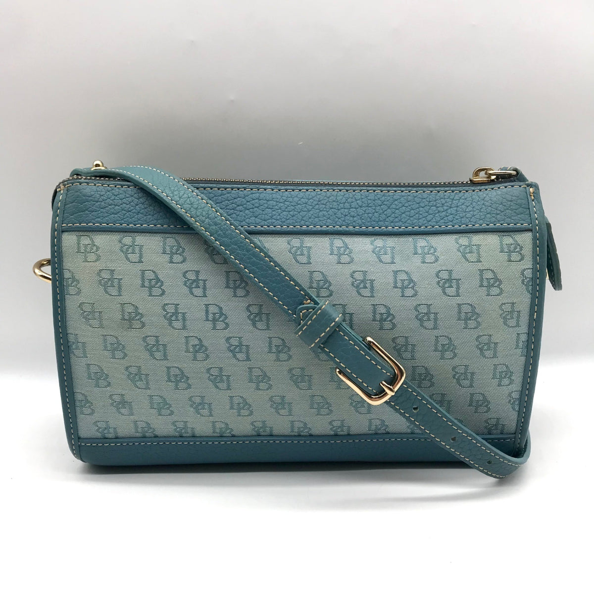 Dooney &amp; Bourke Blue Monogram Canvas and Pebbled Leather Trim Crossbody