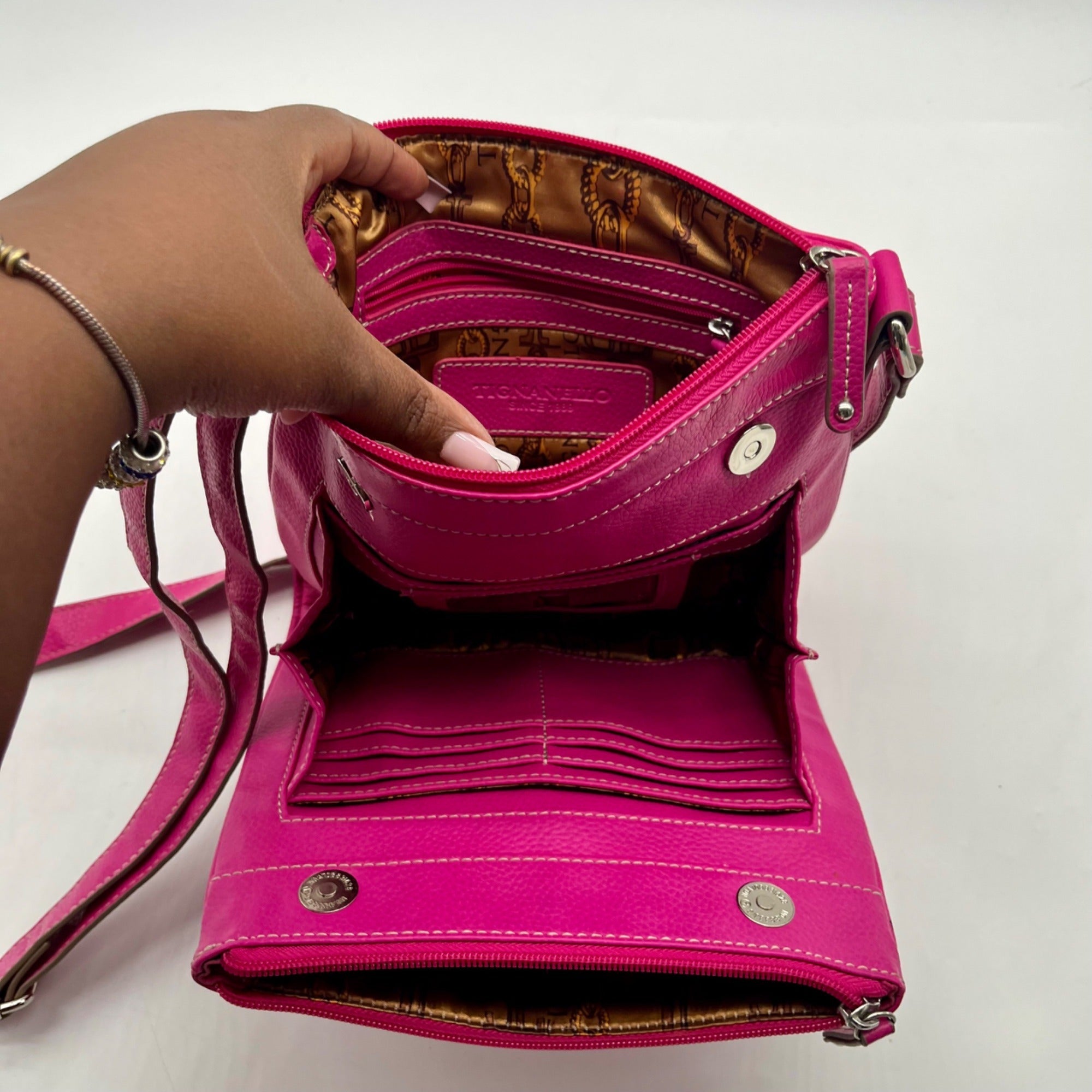 Tignanello Pink Pebbled Leather Organizer Crossbody Bag