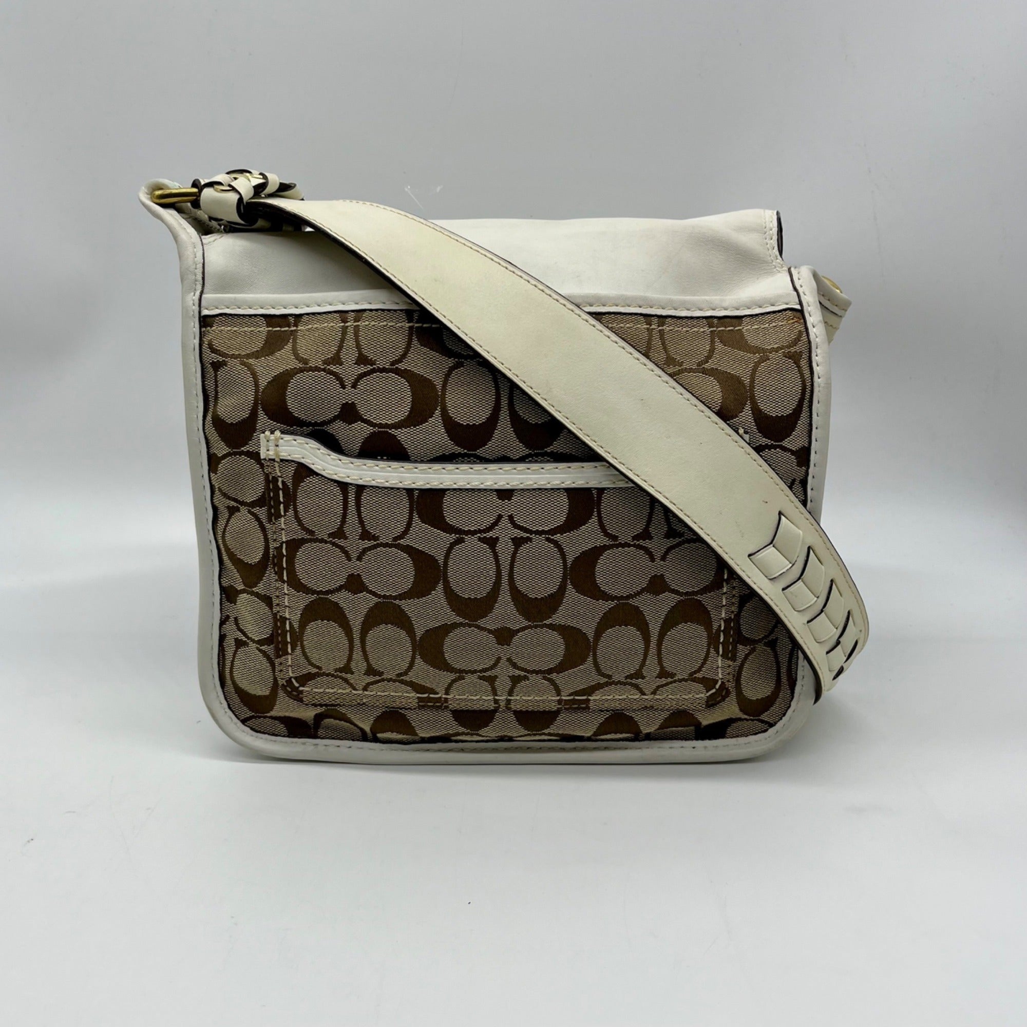 Coach Brown and White Bleecker Signature Canvas Leather Flap Shoulder Bag 11434