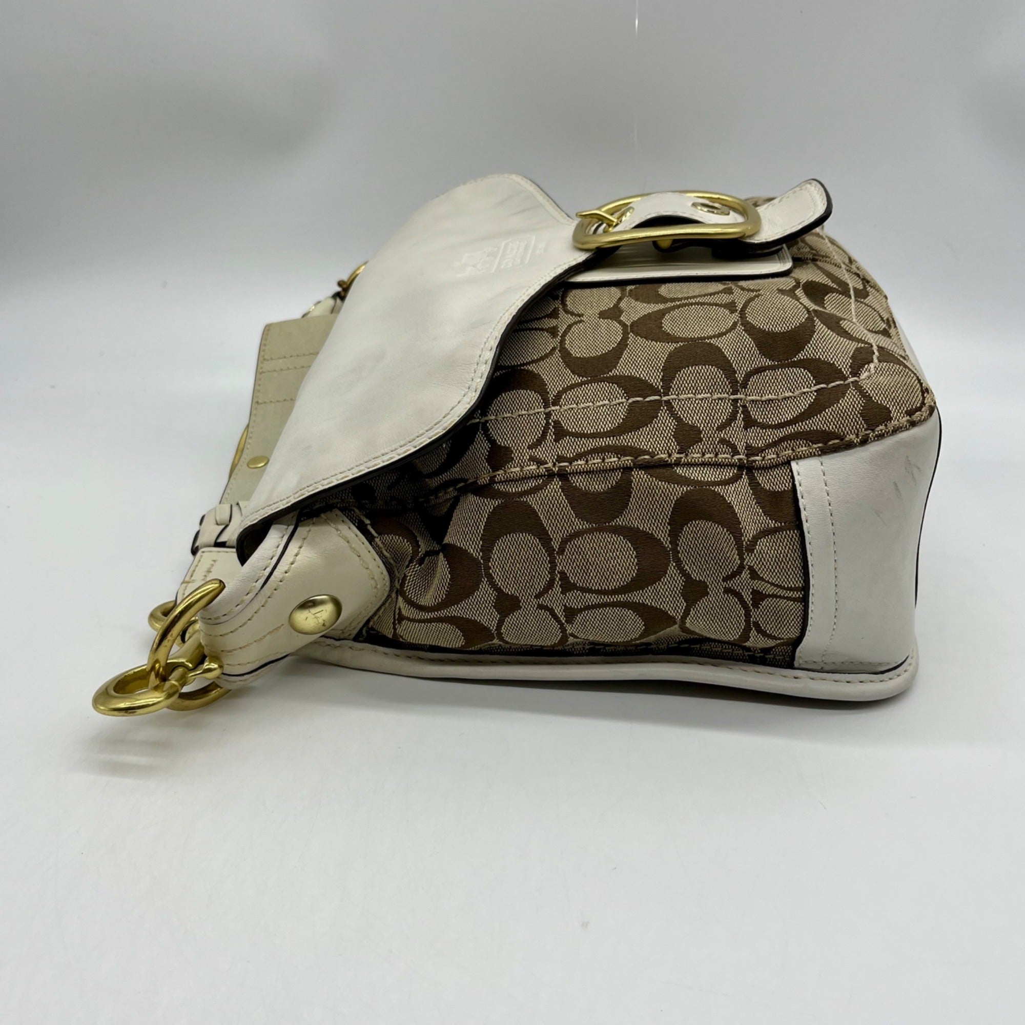 Coach Brown and White Bleecker Signature Canvas Leather Flap Shoulder Bag 11434