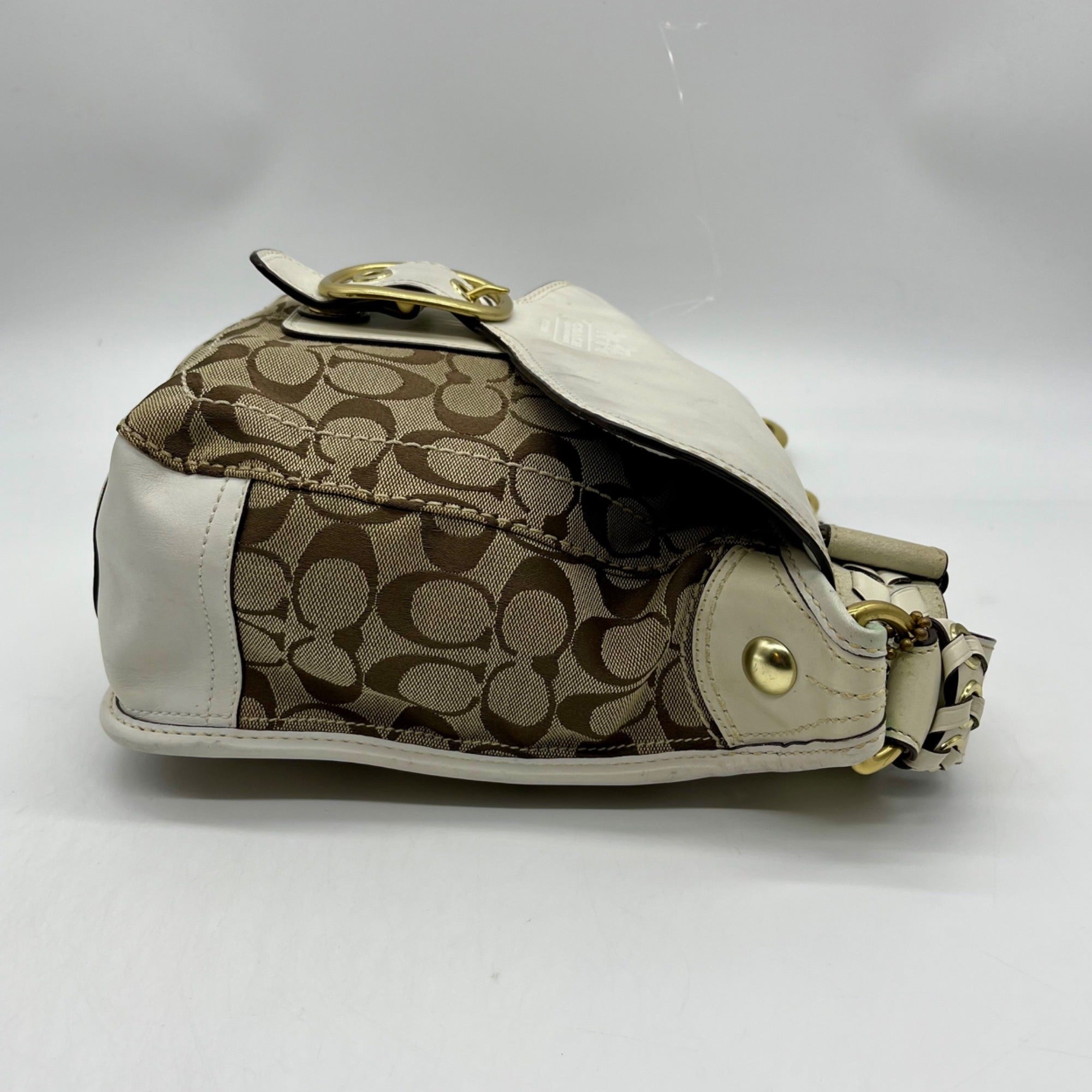 Coach Brown and White Bleecker Signature Canvas Leather Flap Shoulder Bag 11434