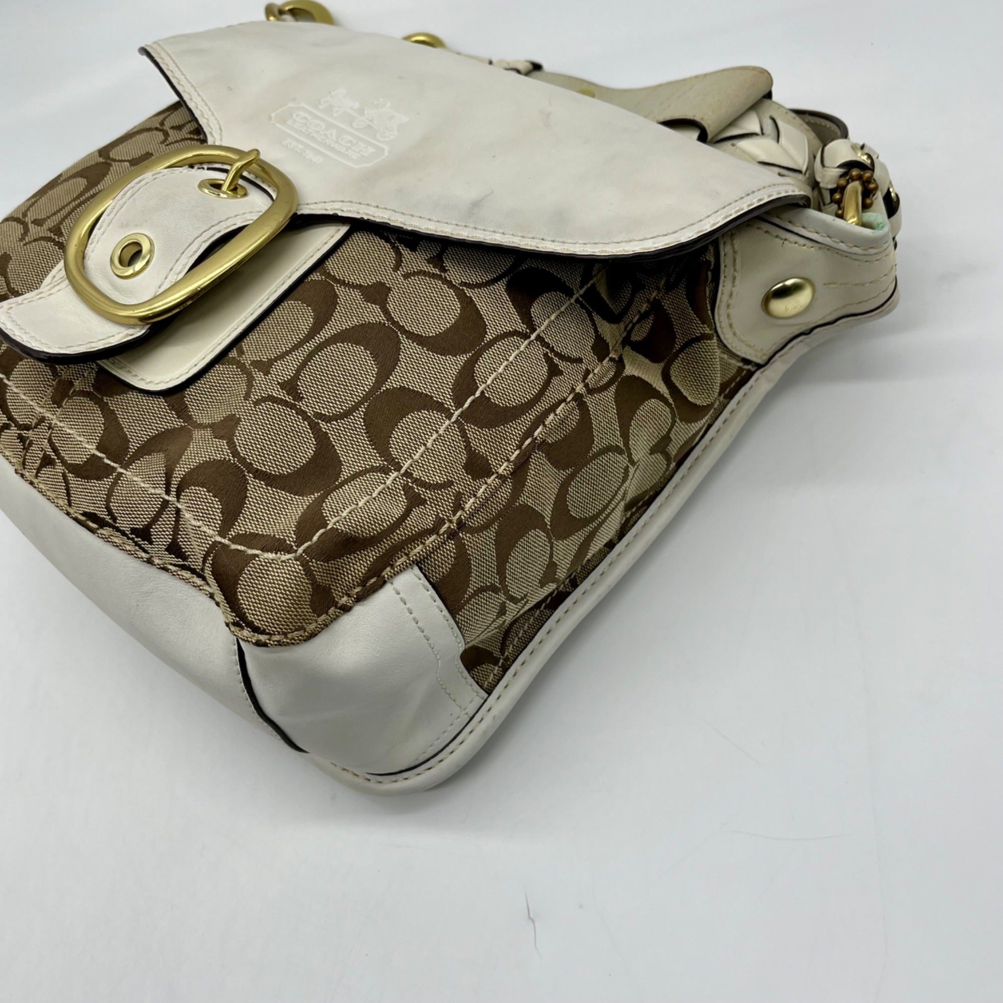 Coach Brown and White Bleecker Signature Canvas Leather Flap Shoulder Bag 11434