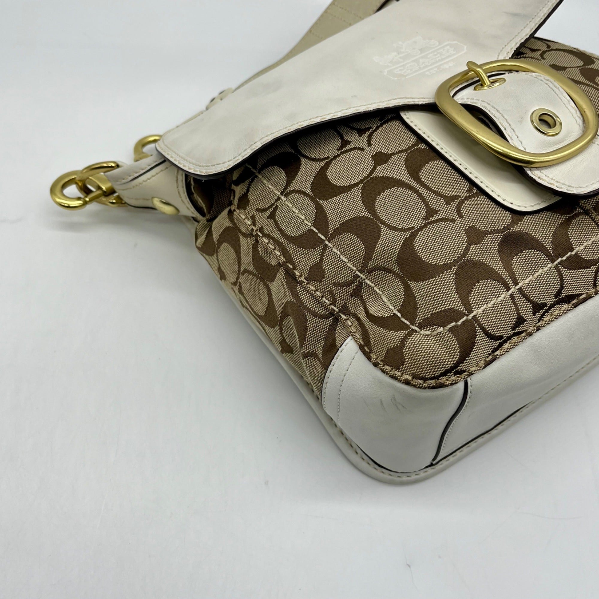 Coach Brown and White Bleecker Signature Canvas Leather Flap Shoulder Bag 11434