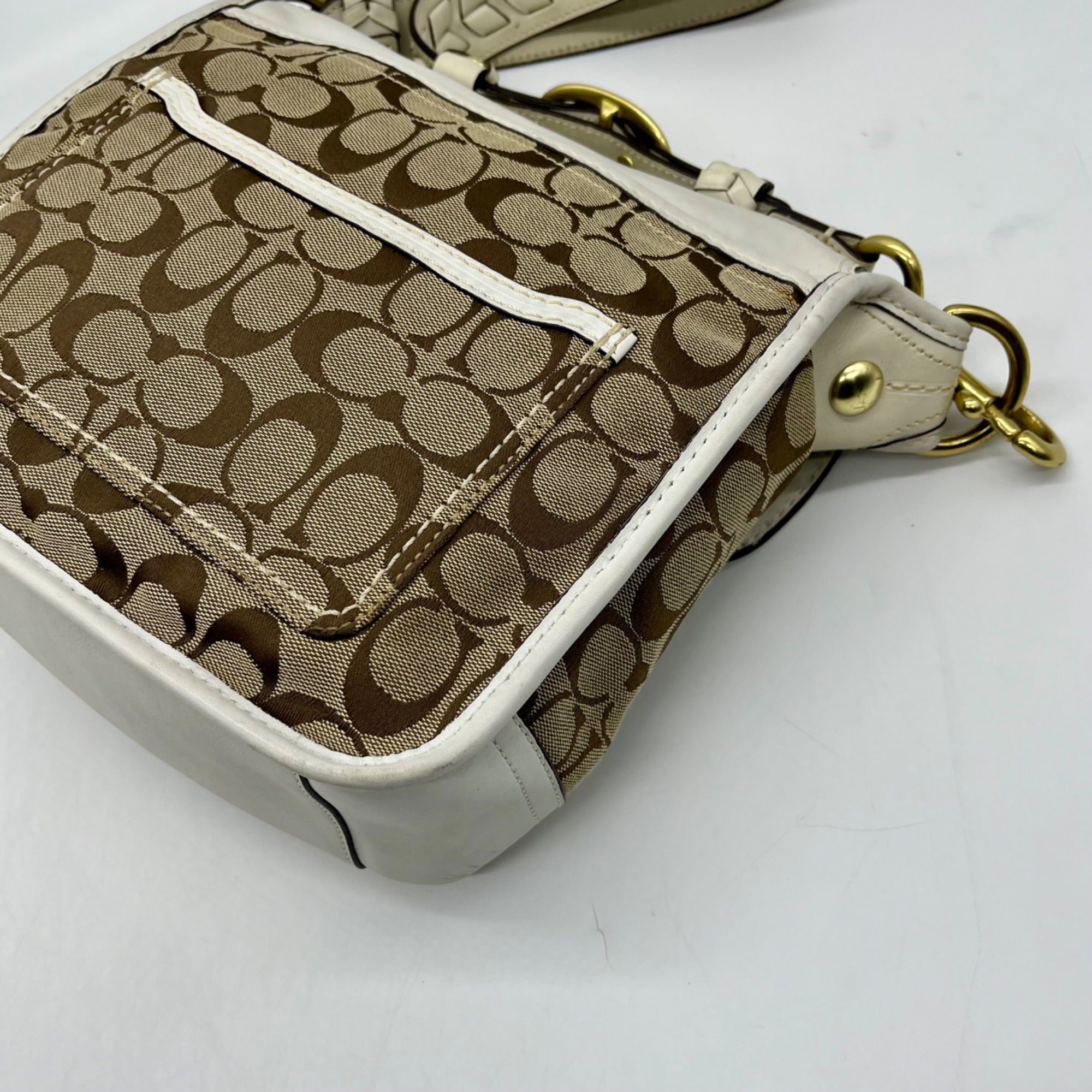 Coach Brown and White Bleecker Signature Canvas Leather Flap Shoulder Bag 11434