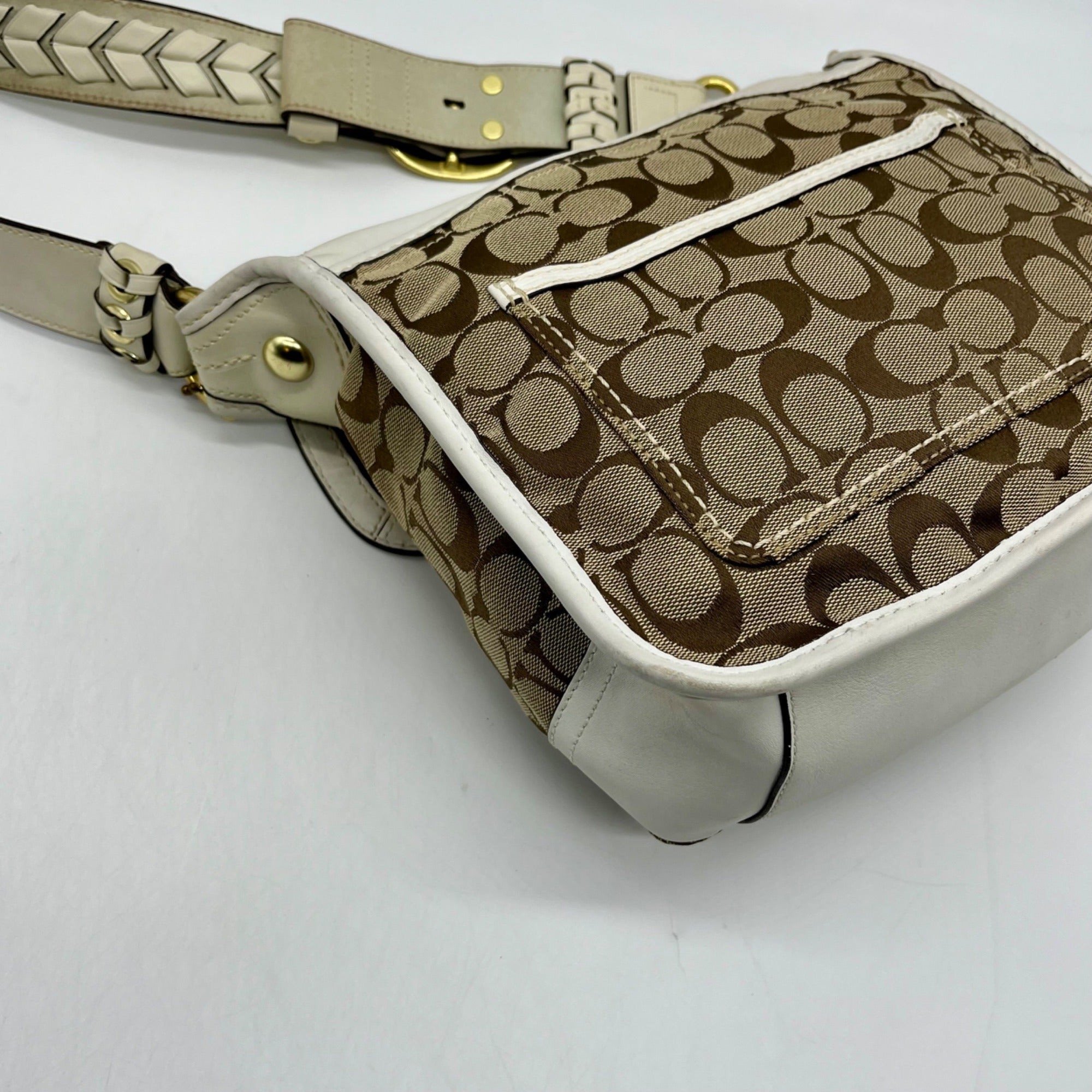 Coach Brown and White Bleecker Signature Canvas Leather Flap Shoulder Bag 11434