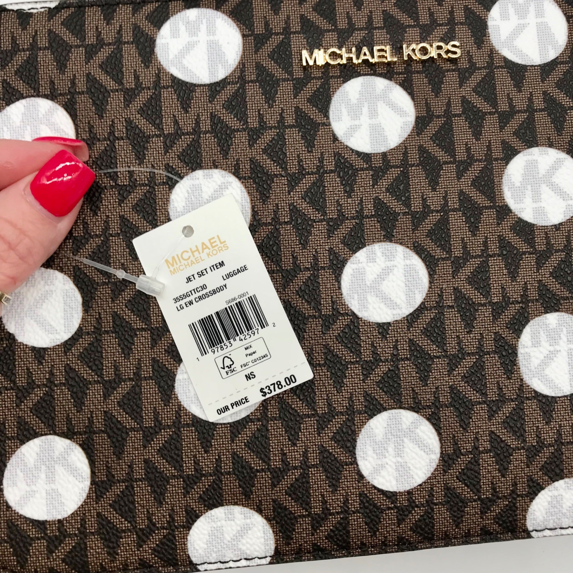 Michael Kors Brown Coated Canvas Jet Set Polka Dot Crossbody Bag