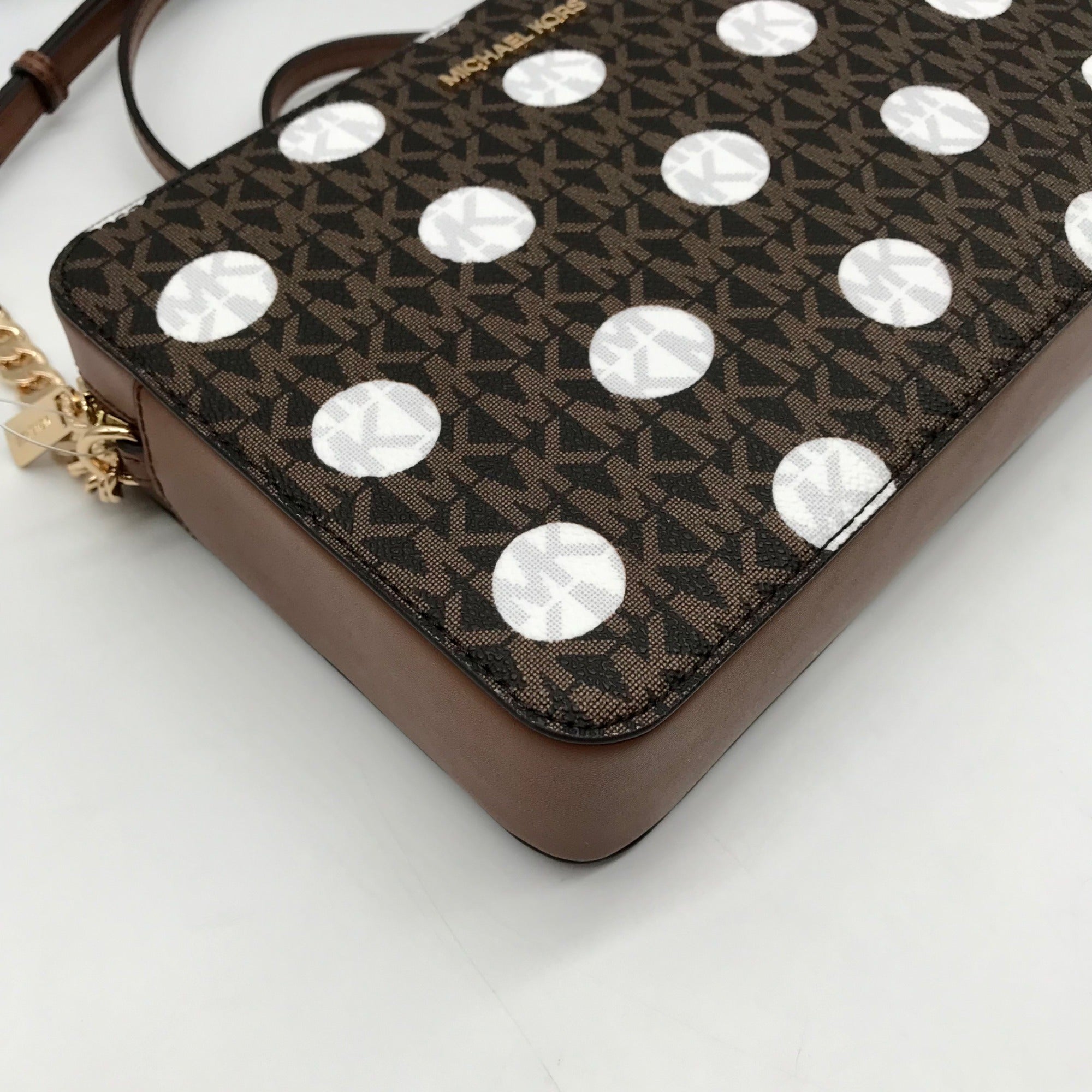 Michael Kors Brown Coated Canvas Jet Set Polka Dot Crossbody Bag