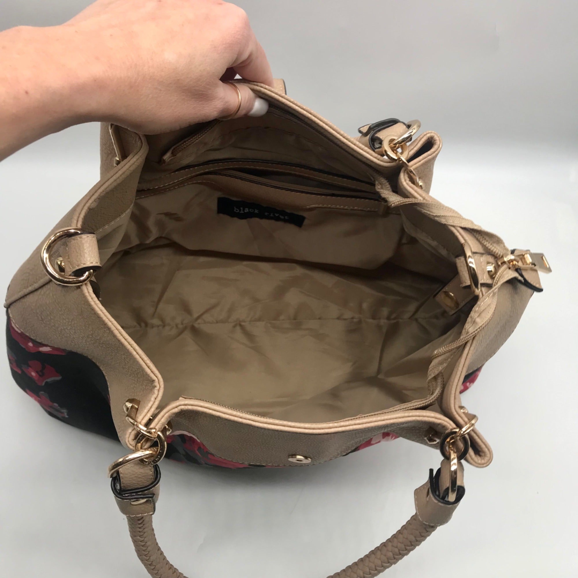 Black Rivet Floral Fabric/Faux Leather Shoulder Bag Tote