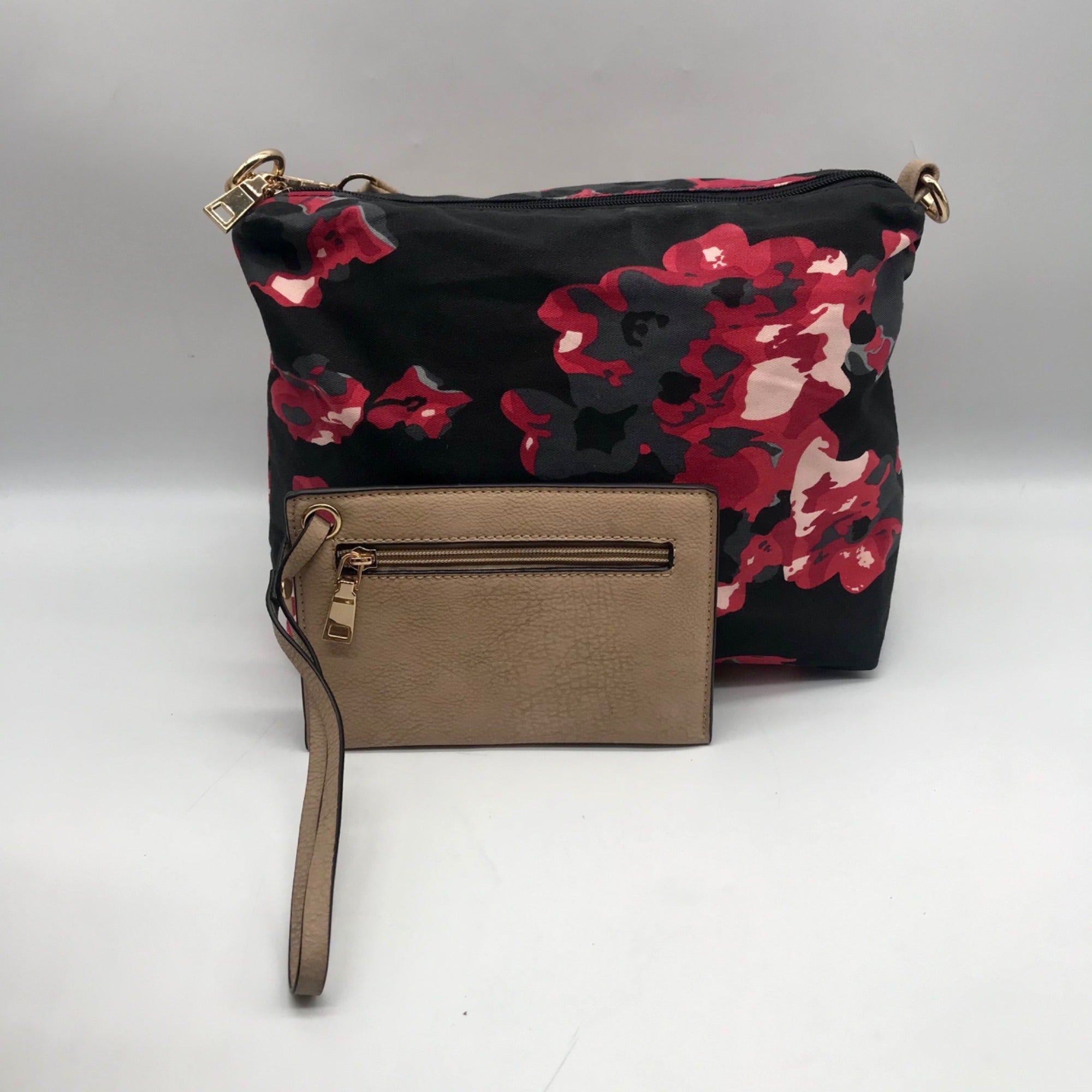 Black Rivet Floral Fabric/Faux Leather Shoulder Bag Tote