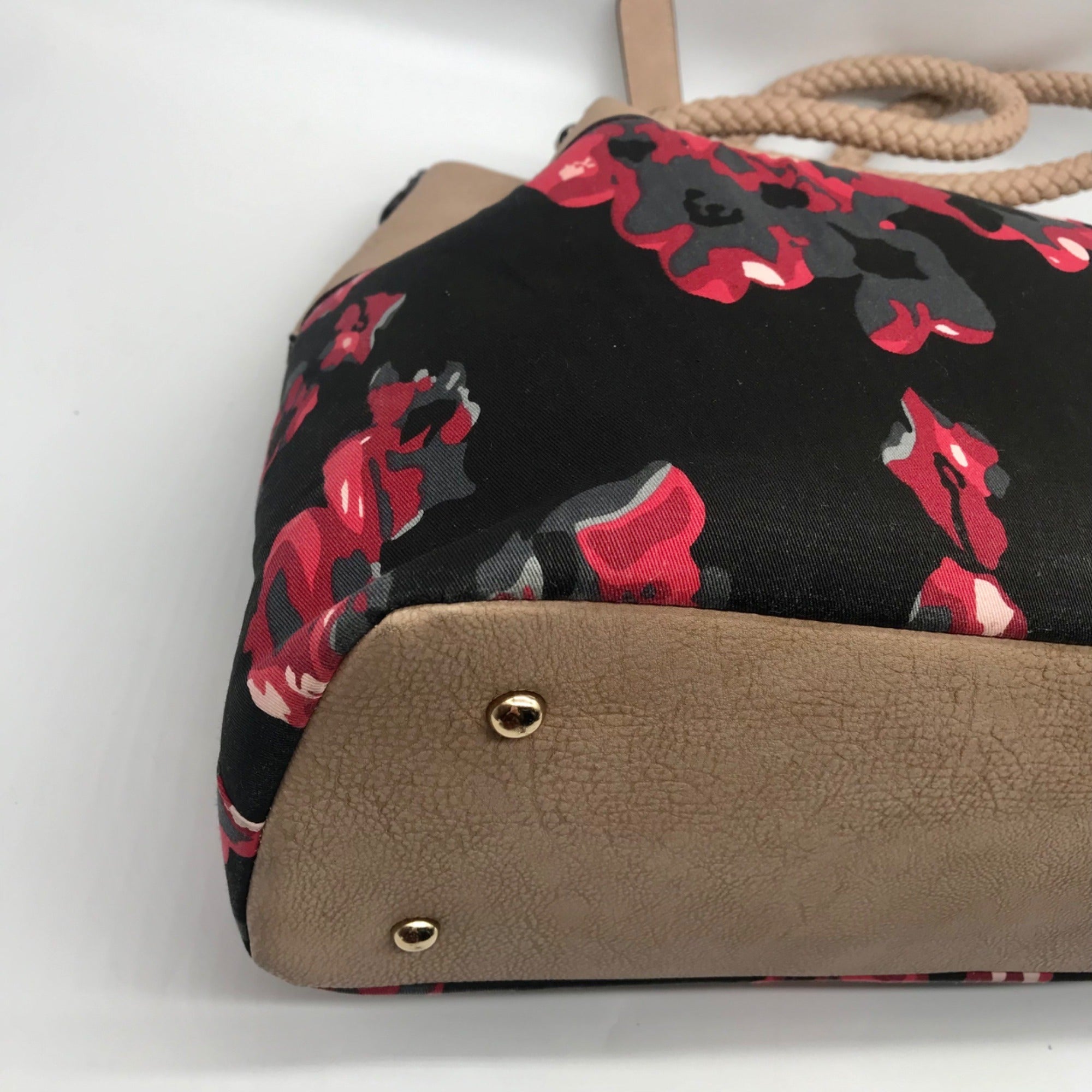 Black Rivet Floral Fabric/Faux Leather Shoulder Bag Tote