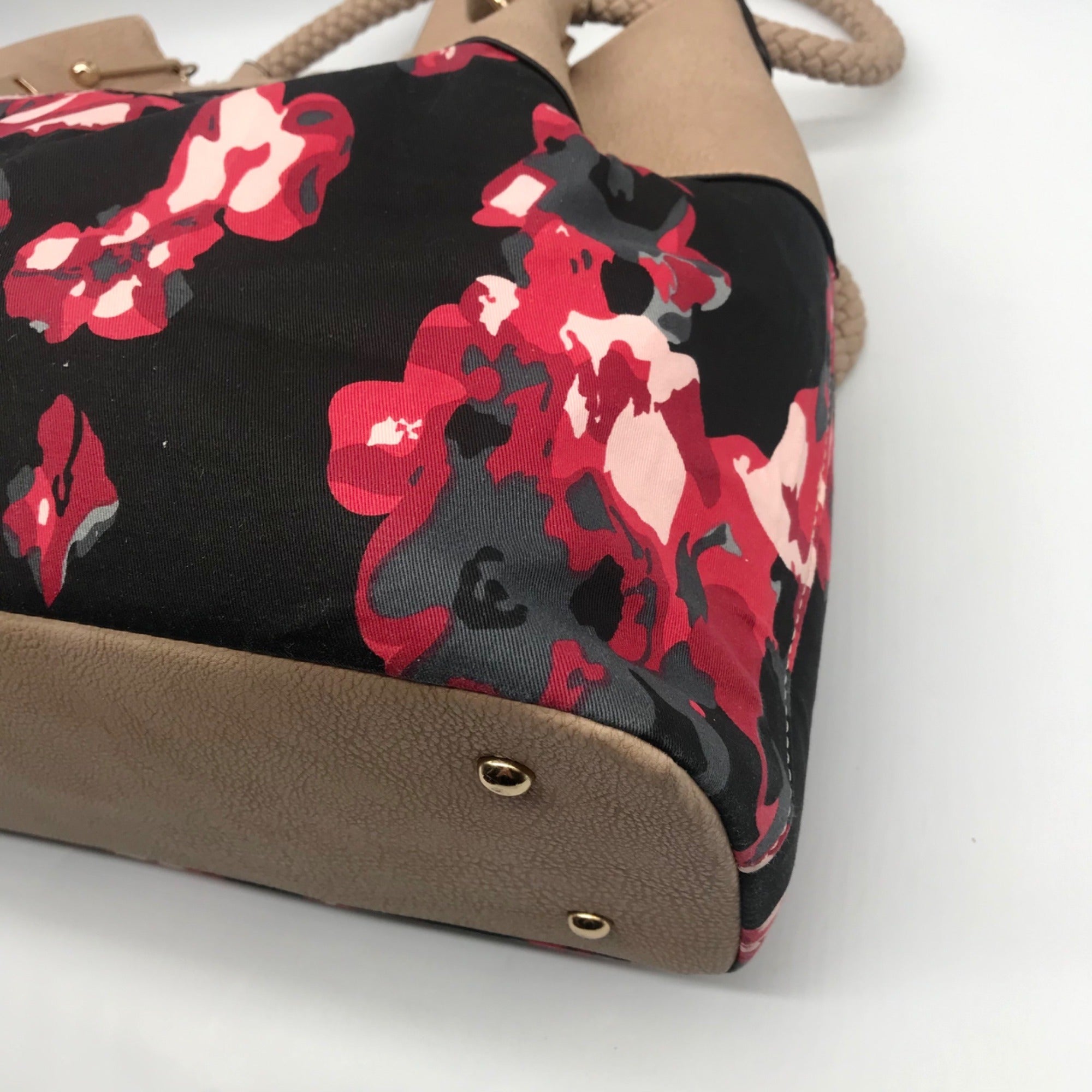 Black Rivet Floral Fabric/Faux Leather Shoulder Bag Tote