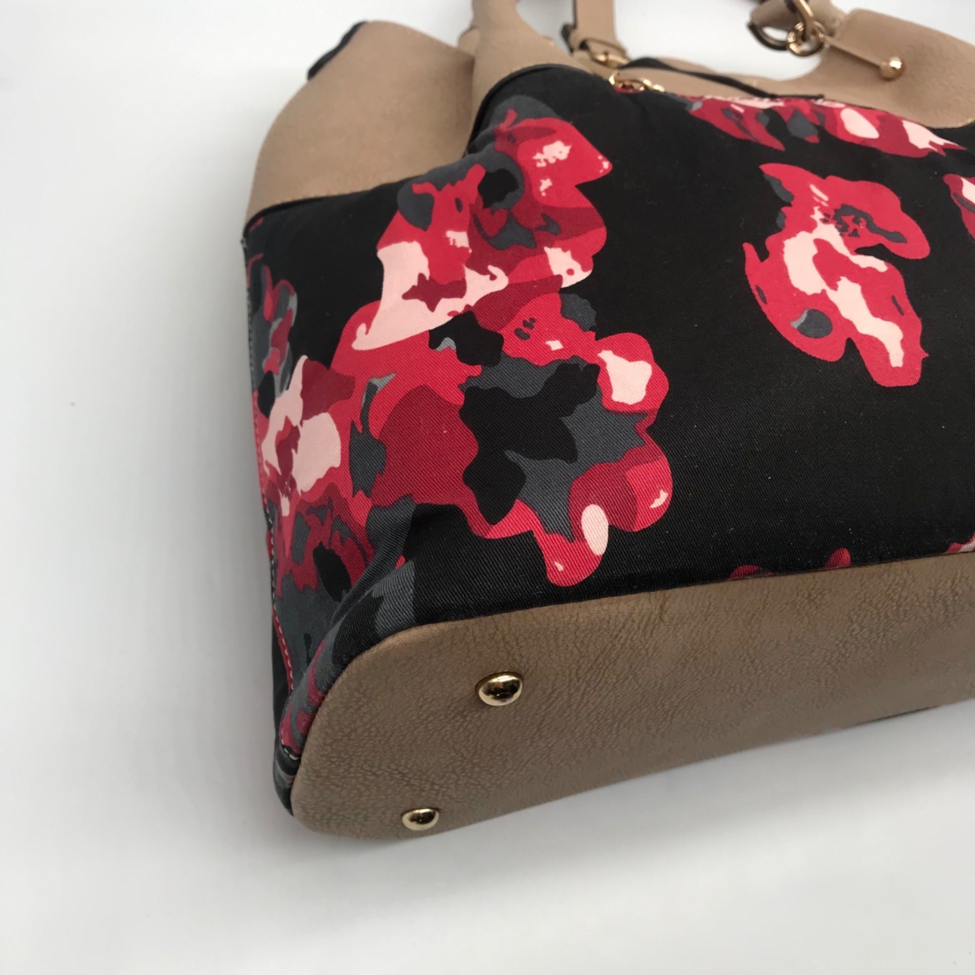Black Rivet Floral Fabric/Faux Leather Shoulder Bag Tote