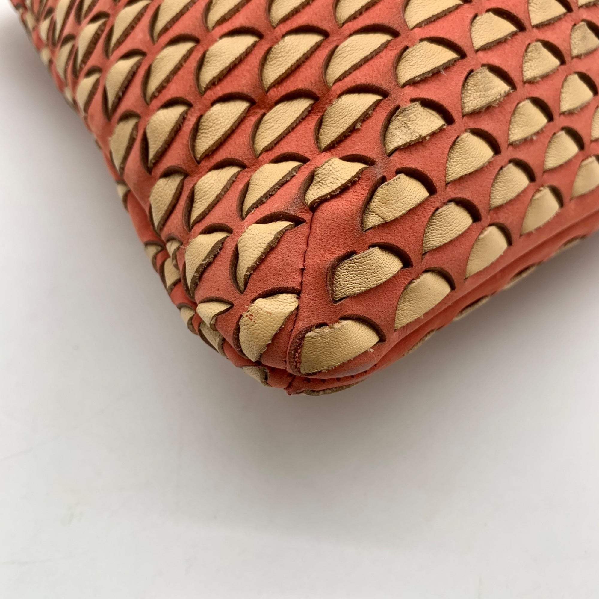 Pour La Victoire Coral &amp; Tan Woven Leather Crossbody Bag