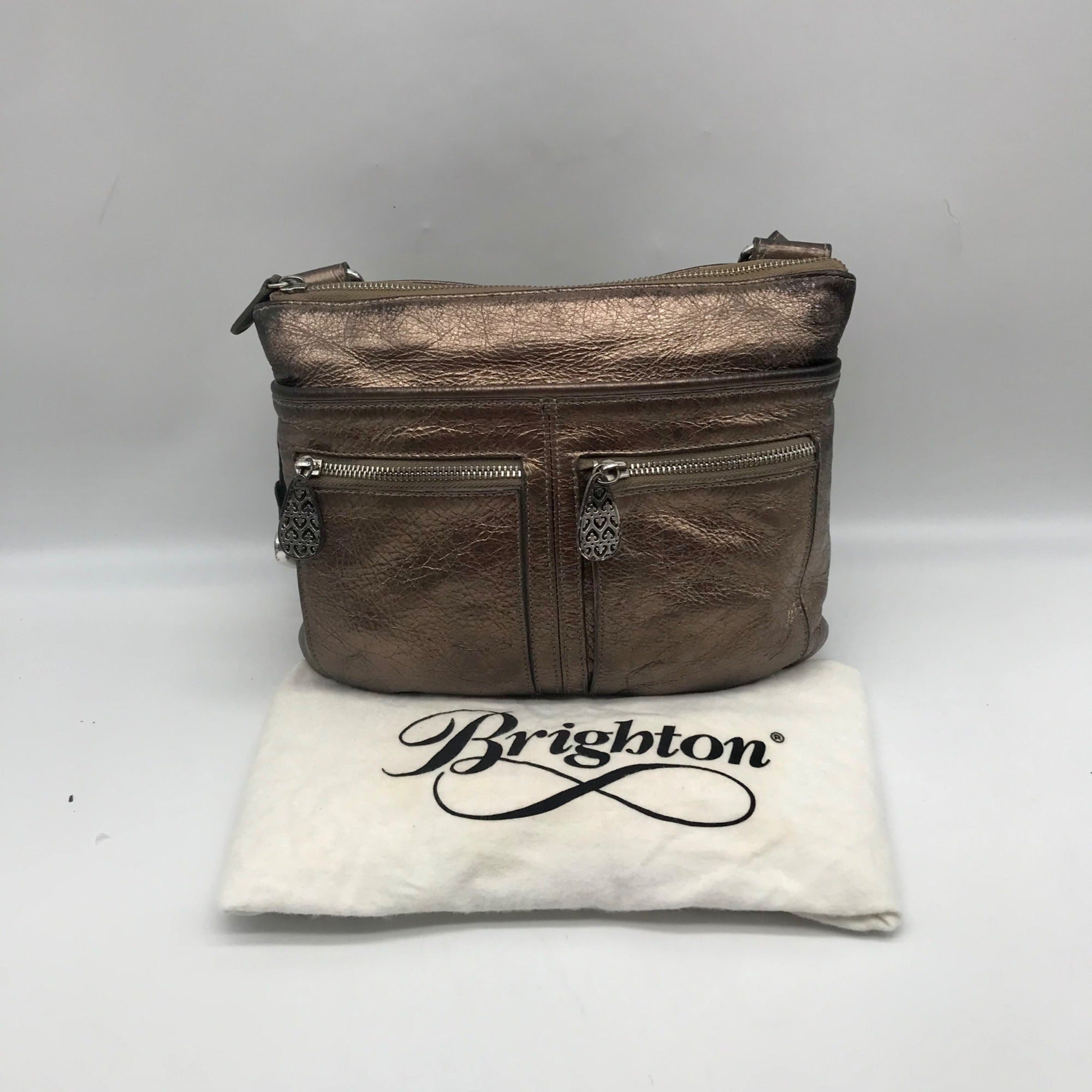 Brighton Metallic Silver Leather Messenger Crossbody Bag