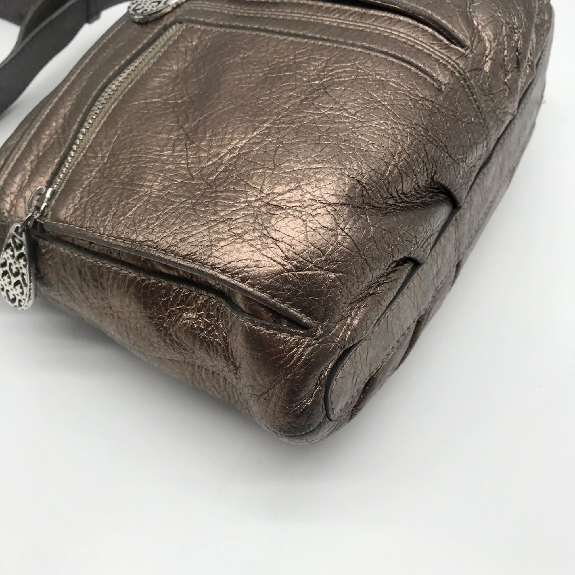 Brighton Metallic Silver Leather Messenger Crossbody Bag