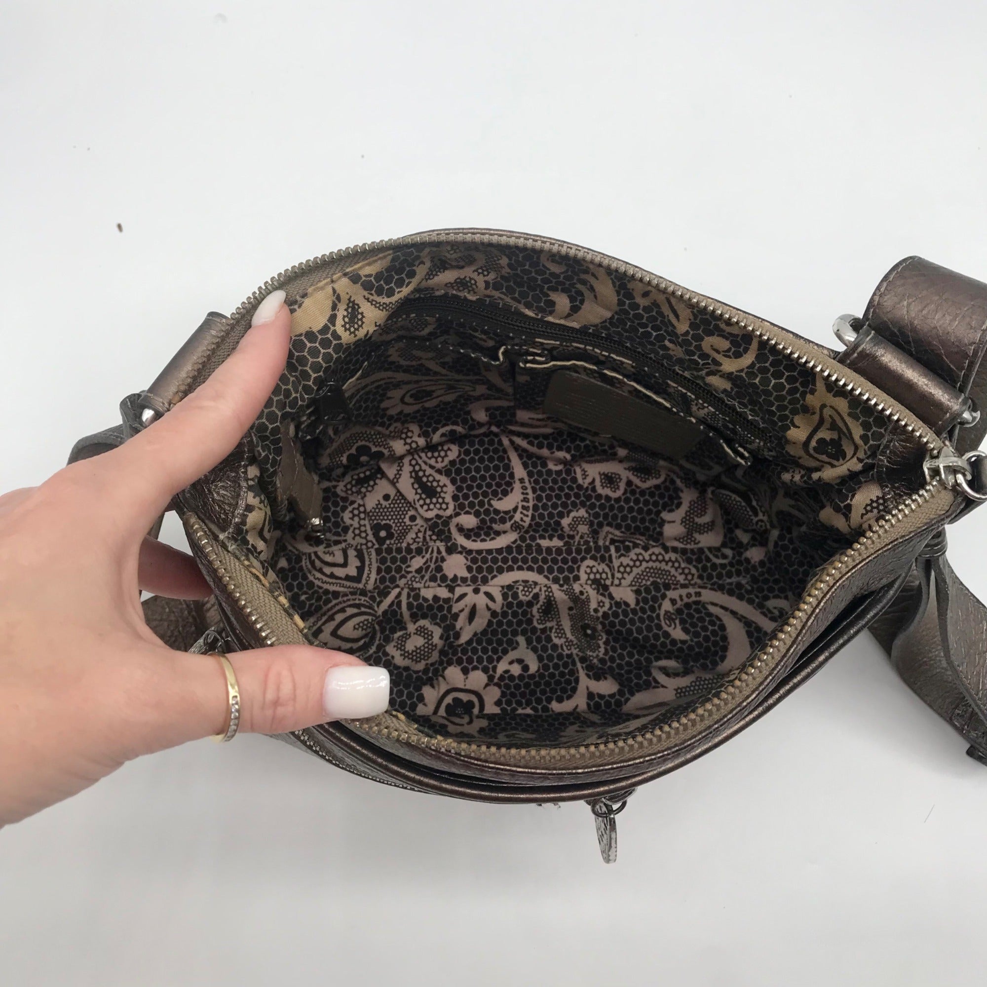 Brighton Metallic Silver Leather Messenger Crossbody Bag