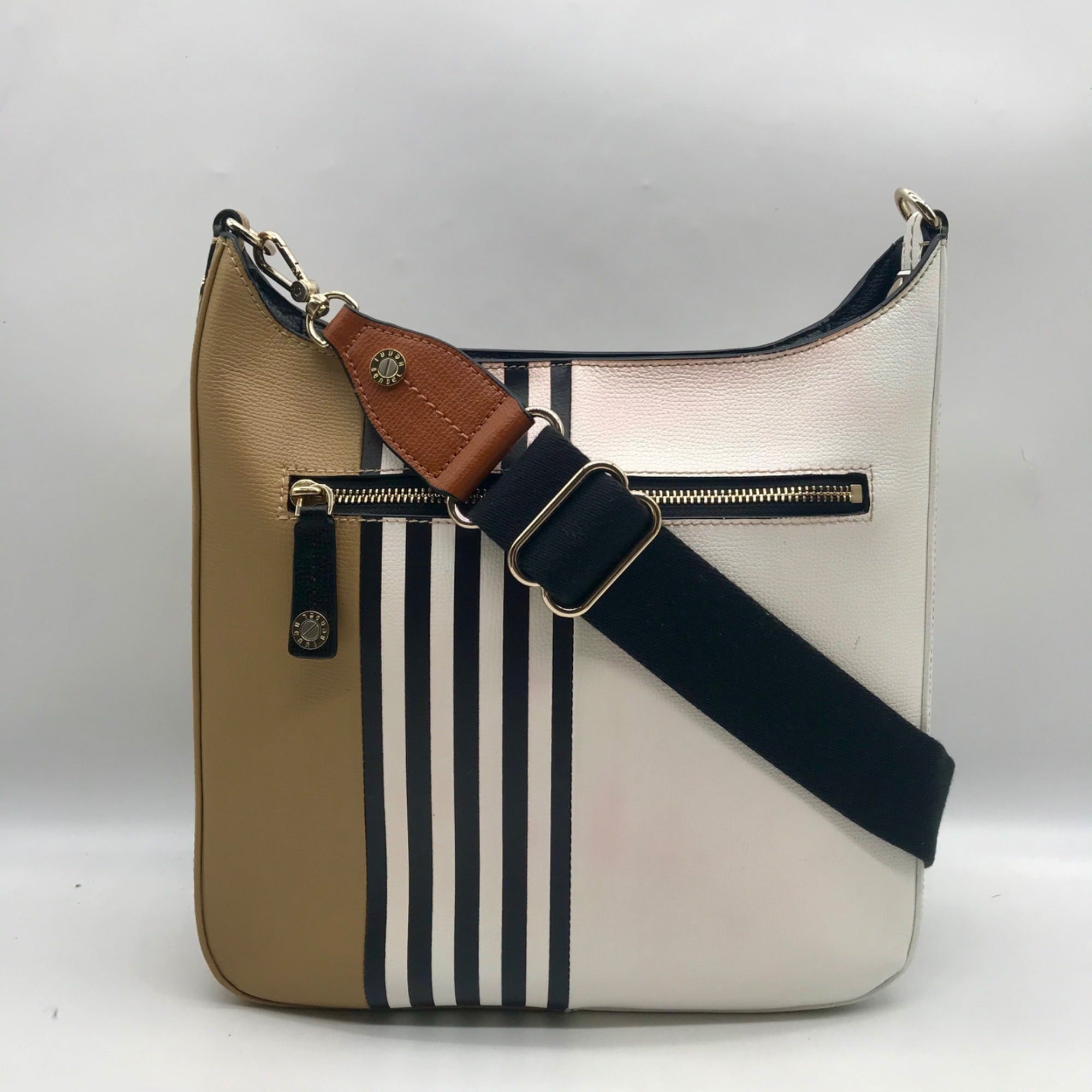 Henri Bendel White Striped Leather Bowery Messenger Bag