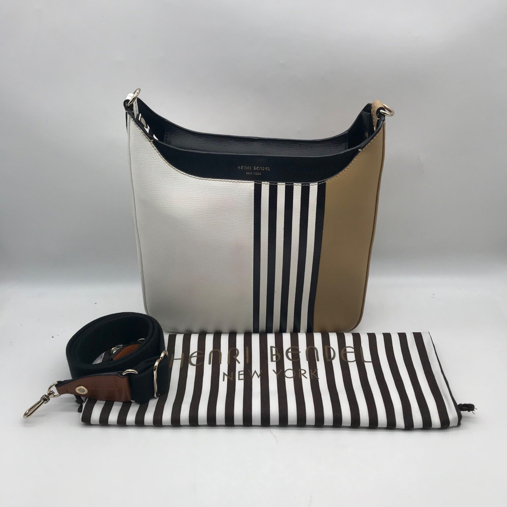 Henri Bendel White Striped Leather Bowery Messenger Bag