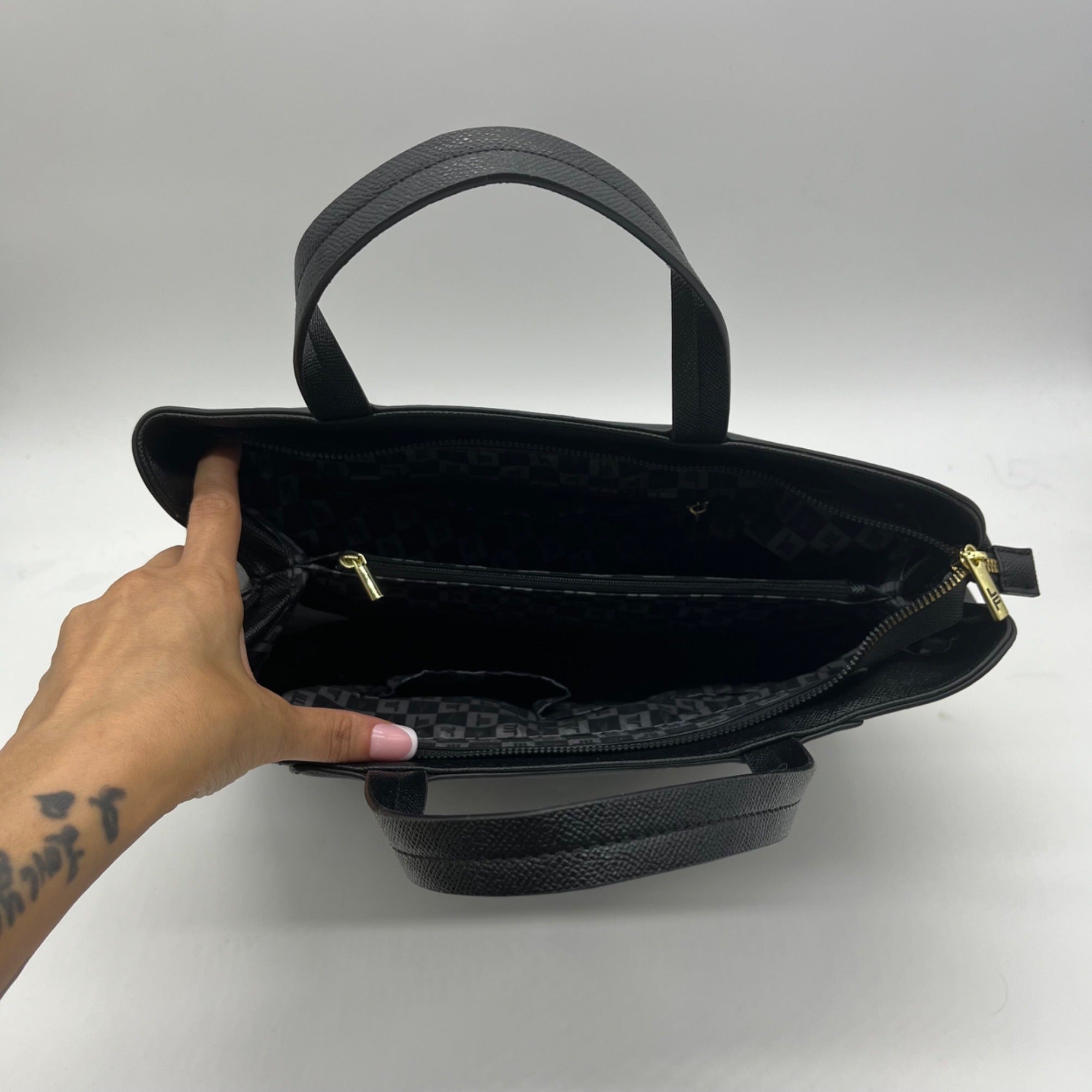 London Fog Black Faux Leather Studded Satchel Bag