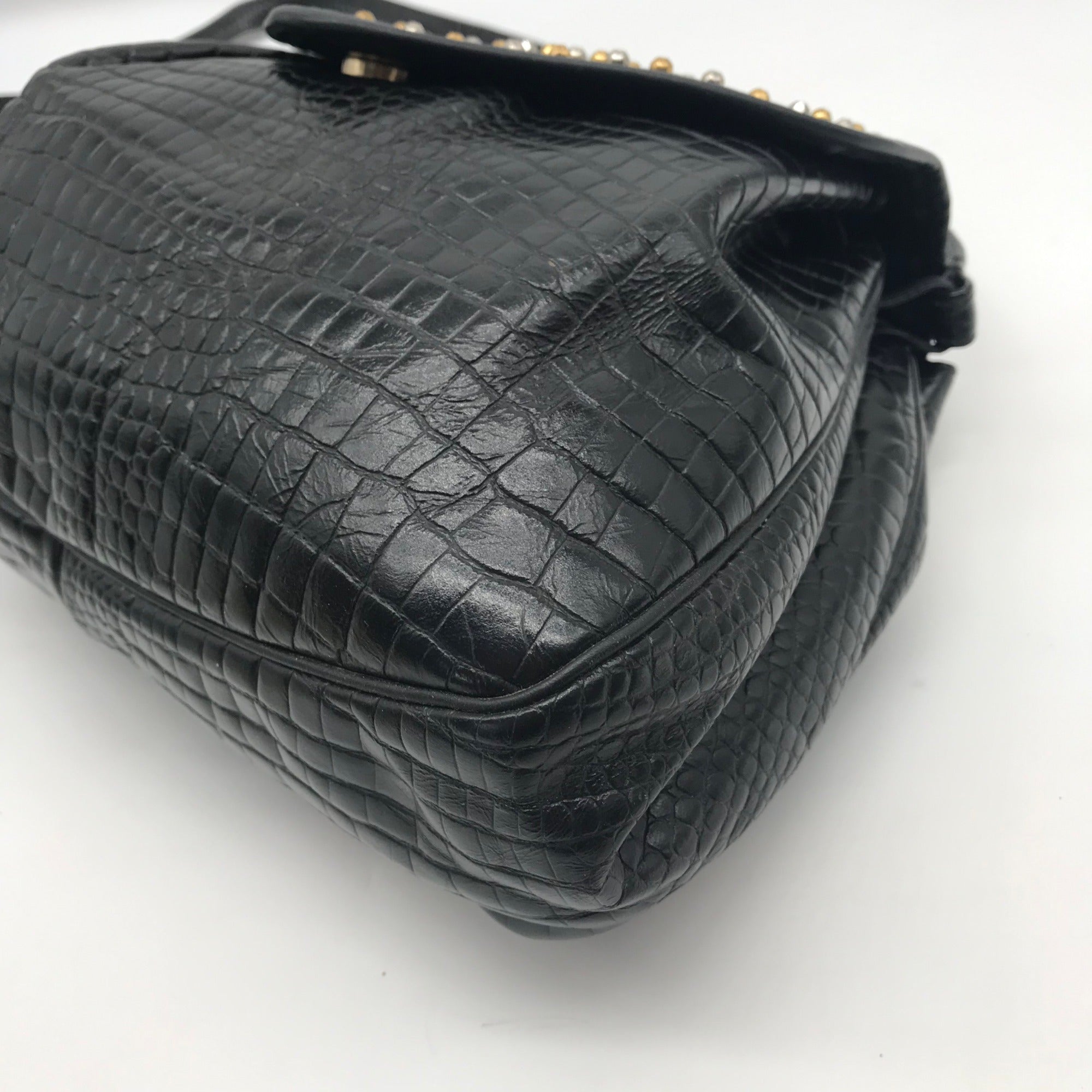 Sharif Vintage Black Croc Embossed Leather Studded Crossbody