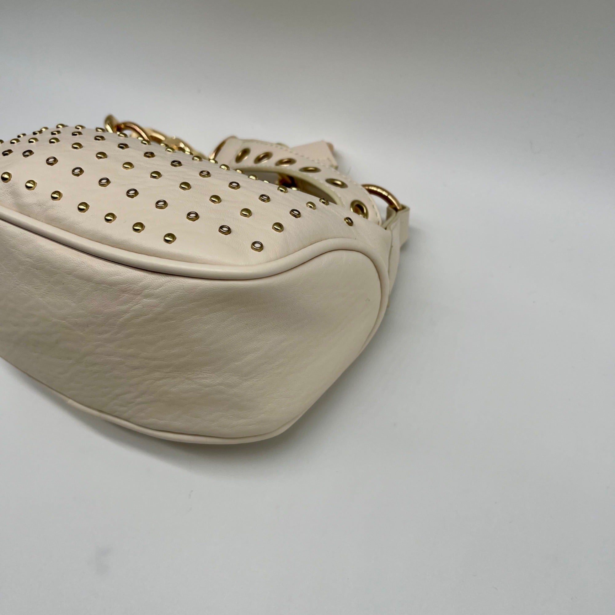MMS Brands Cream Leather Studded Crescent Shoulder Bag
