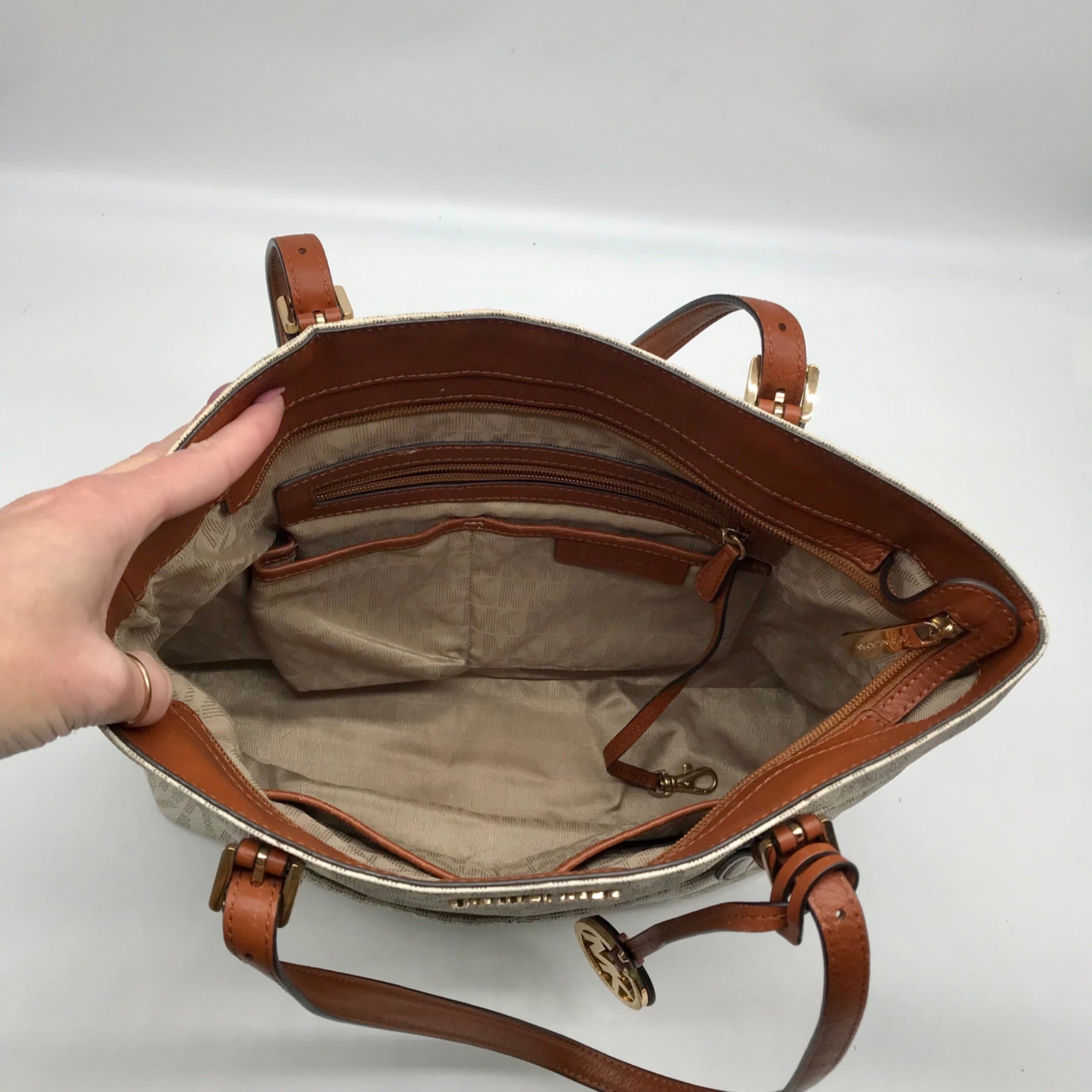 Michael Kors Vanilla And Brown Monogram Coated Canvas Bedford Tote Bag