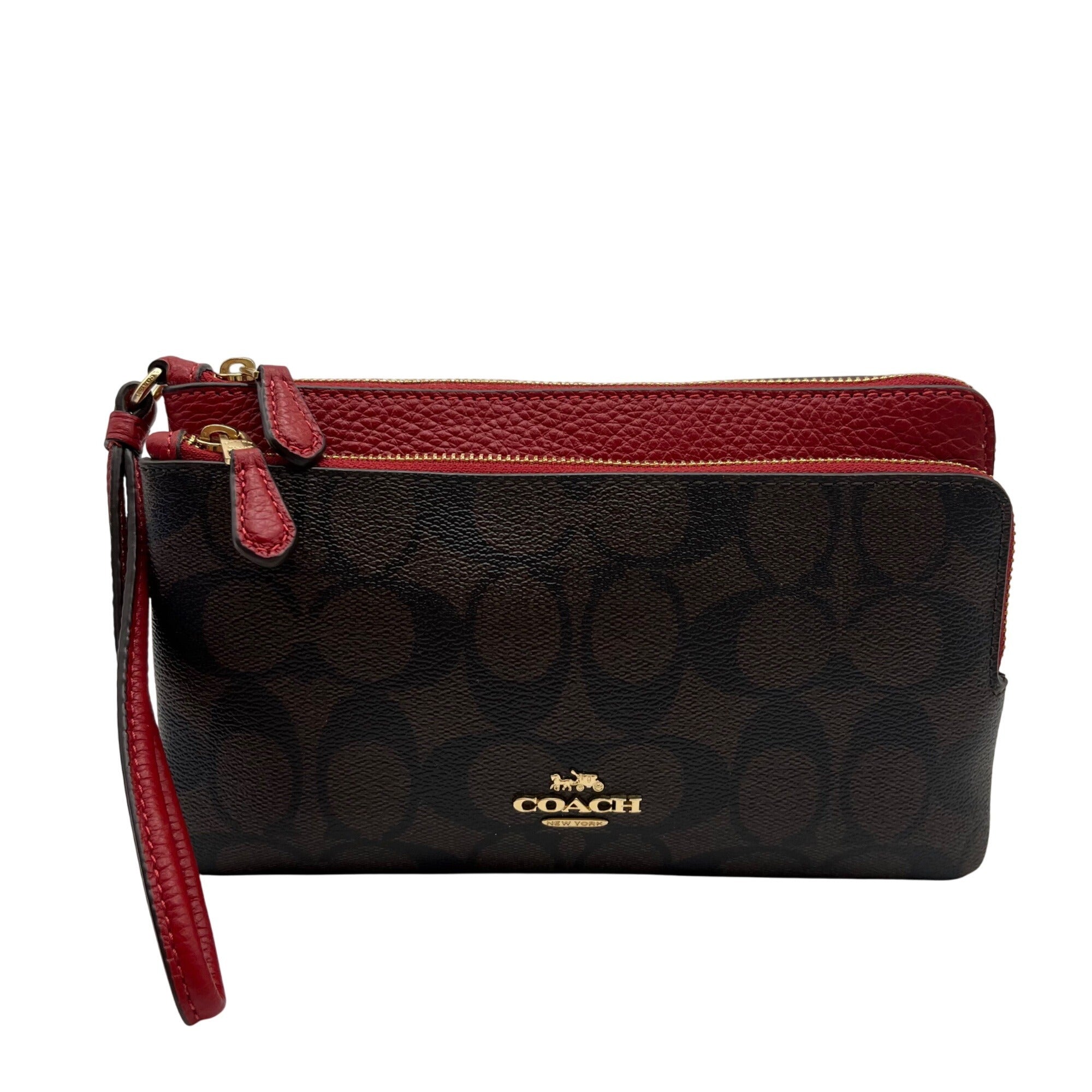 Coach Red And Brown Coated Canvas Double Zip Wristlet 