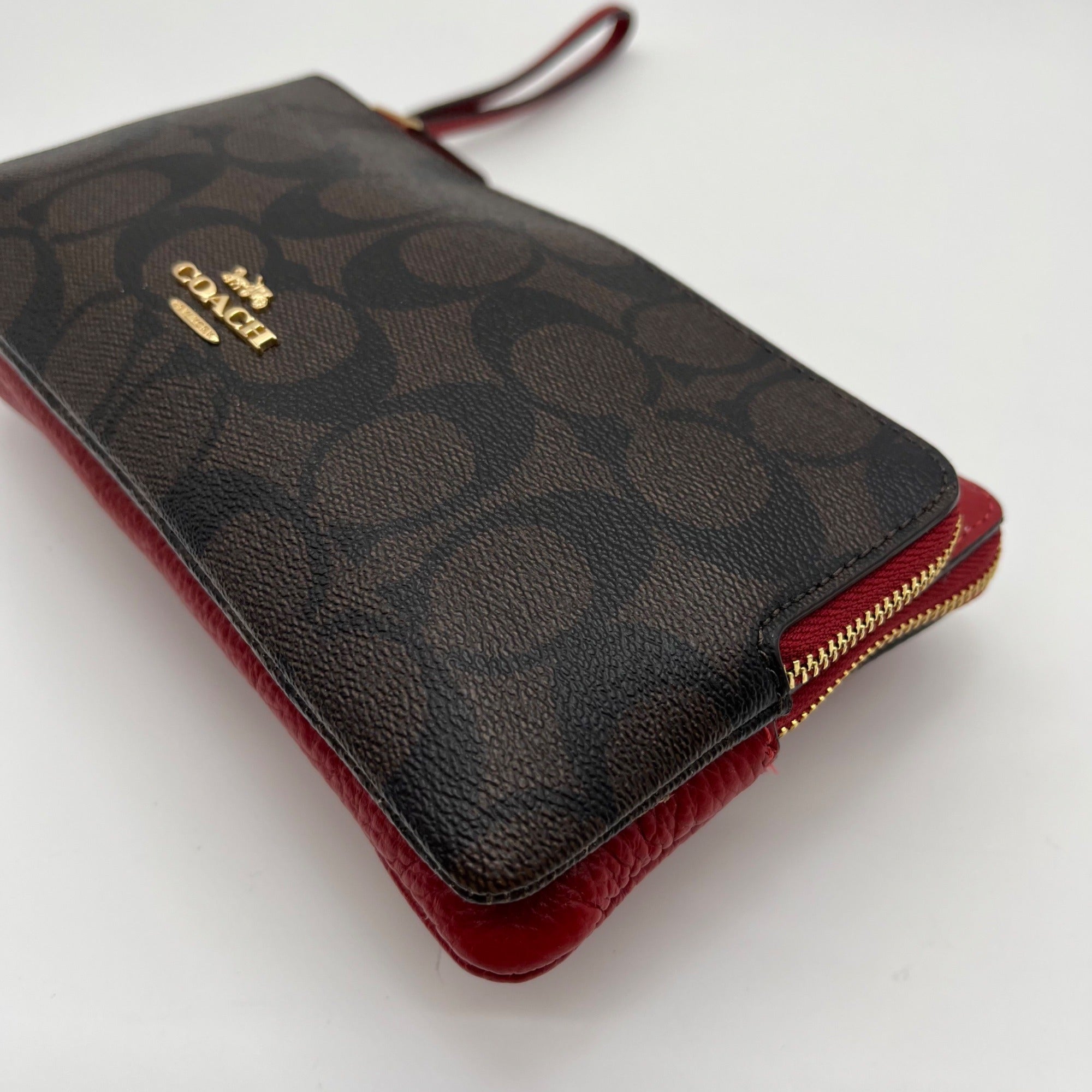 Coach Red And Brown Coated Canvas Double Zip Wristlet