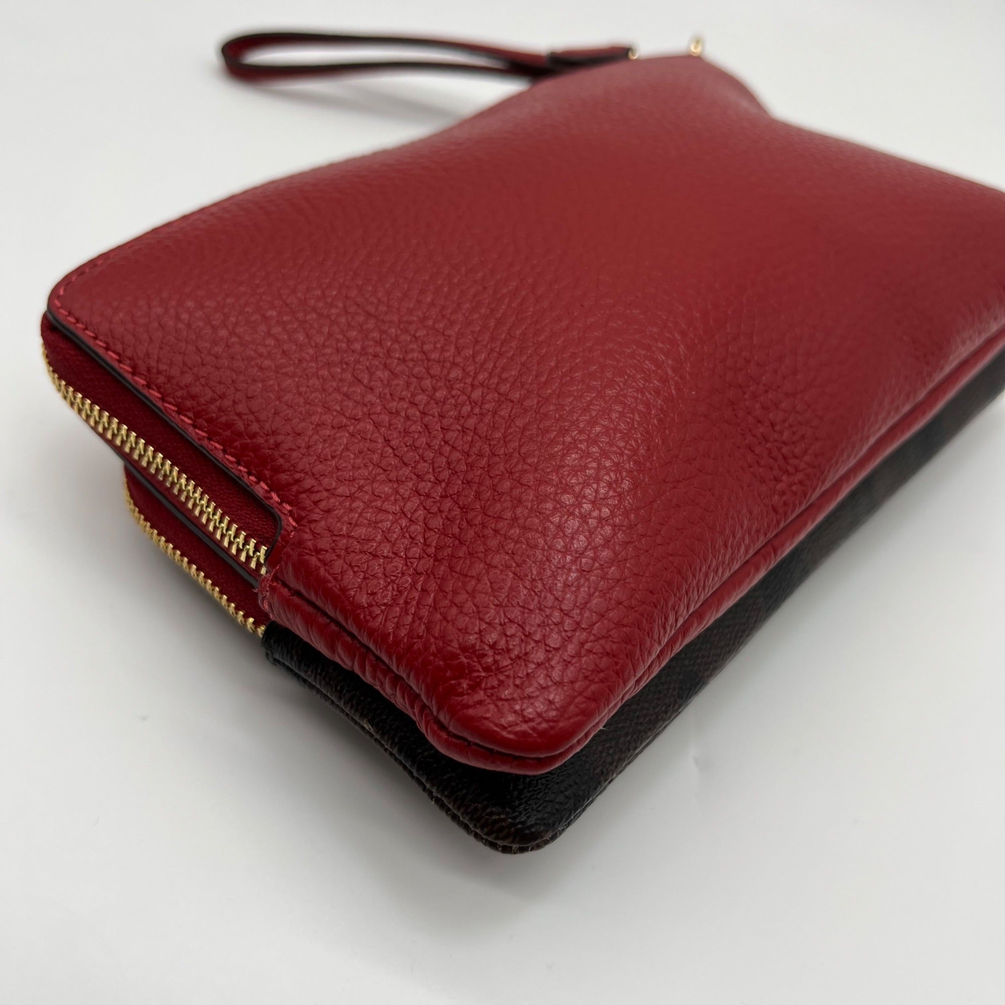 Coach Red And Brown Coated Canvas Double Zip Wristlet