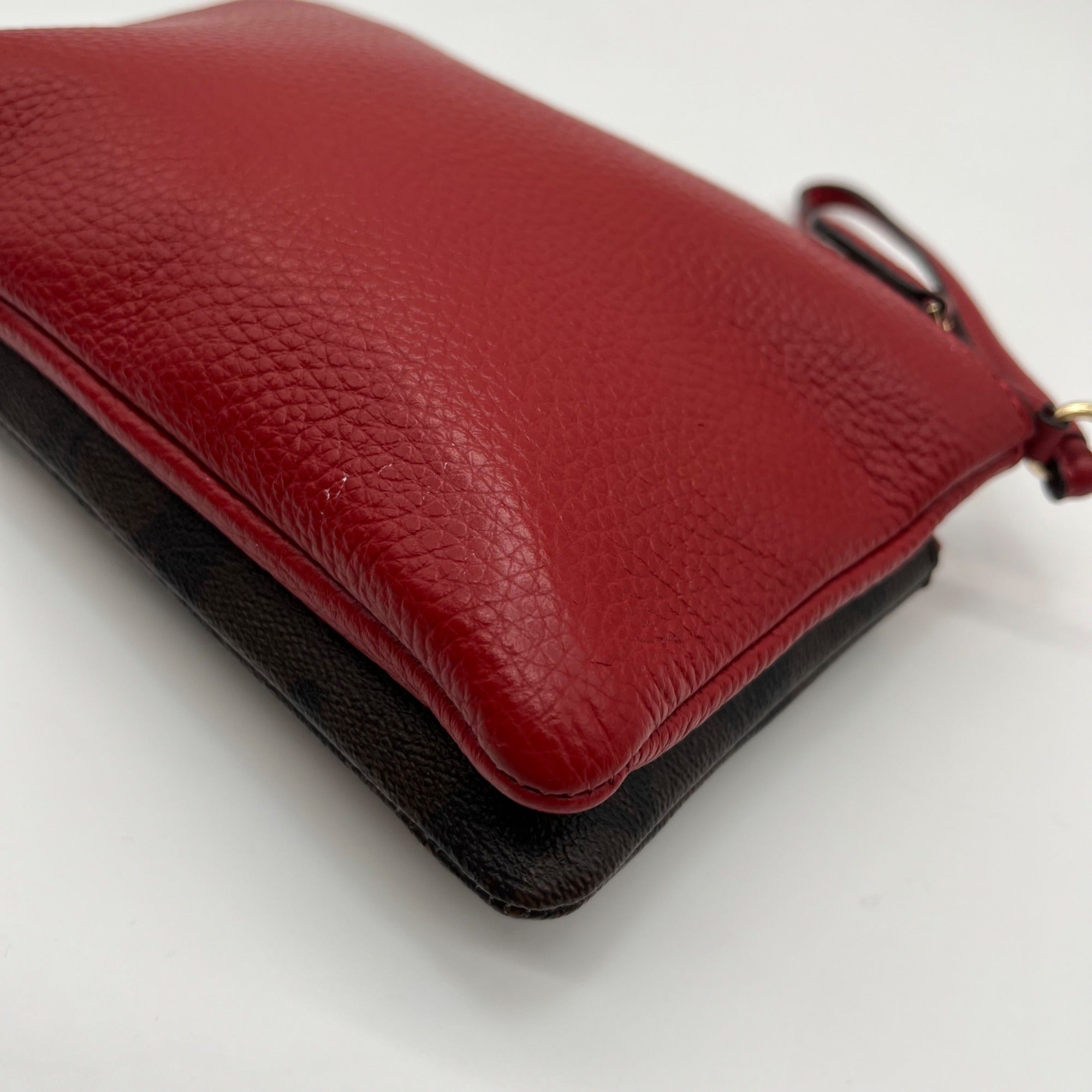 Coach Red And Brown Coated Canvas Double Zip Wristlet