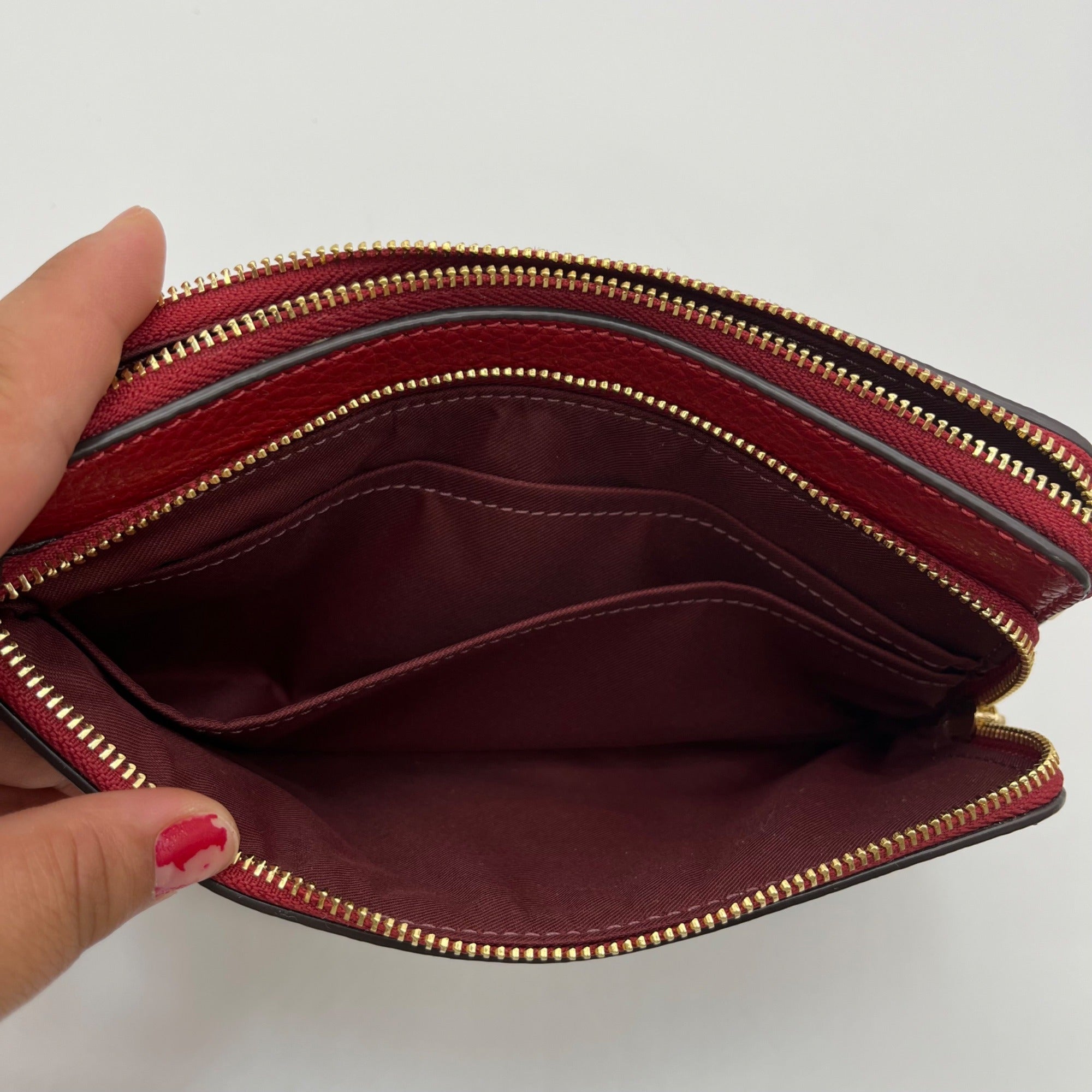 Coach Red And Brown Coated Canvas Double Zip Wristlet