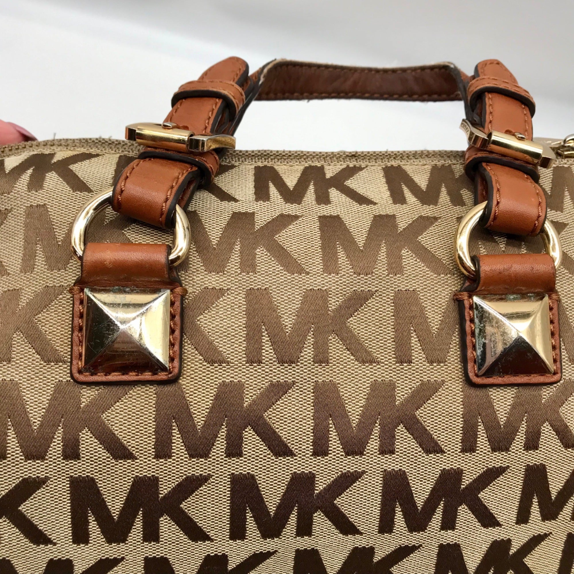 Michael Kors Khaki Monogram Canvas Grayson Satchel Bag